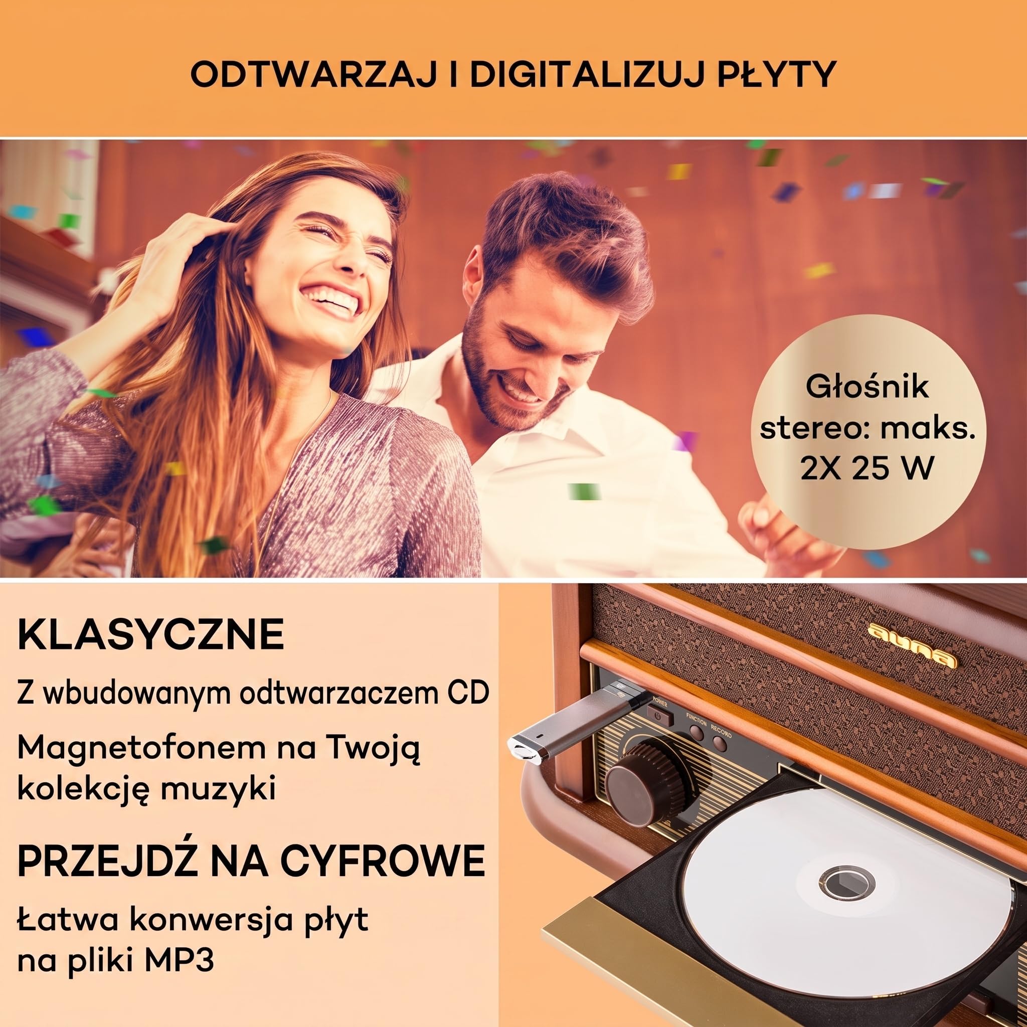 auna Belle Epoque 1908 - wieża retro, gramofon, system stereo, radio cyfrowe, tuner MP3, RDS, kaseta, port USB, CD, DAB+ i Bluetooth, brązowy
