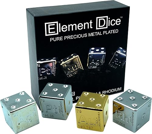 Set B - Juego de 4 dados (chapado en oro, chapado en plata, chapado en platino, chapado en rodio), 4 piezas, dados de metal precioso periódicos