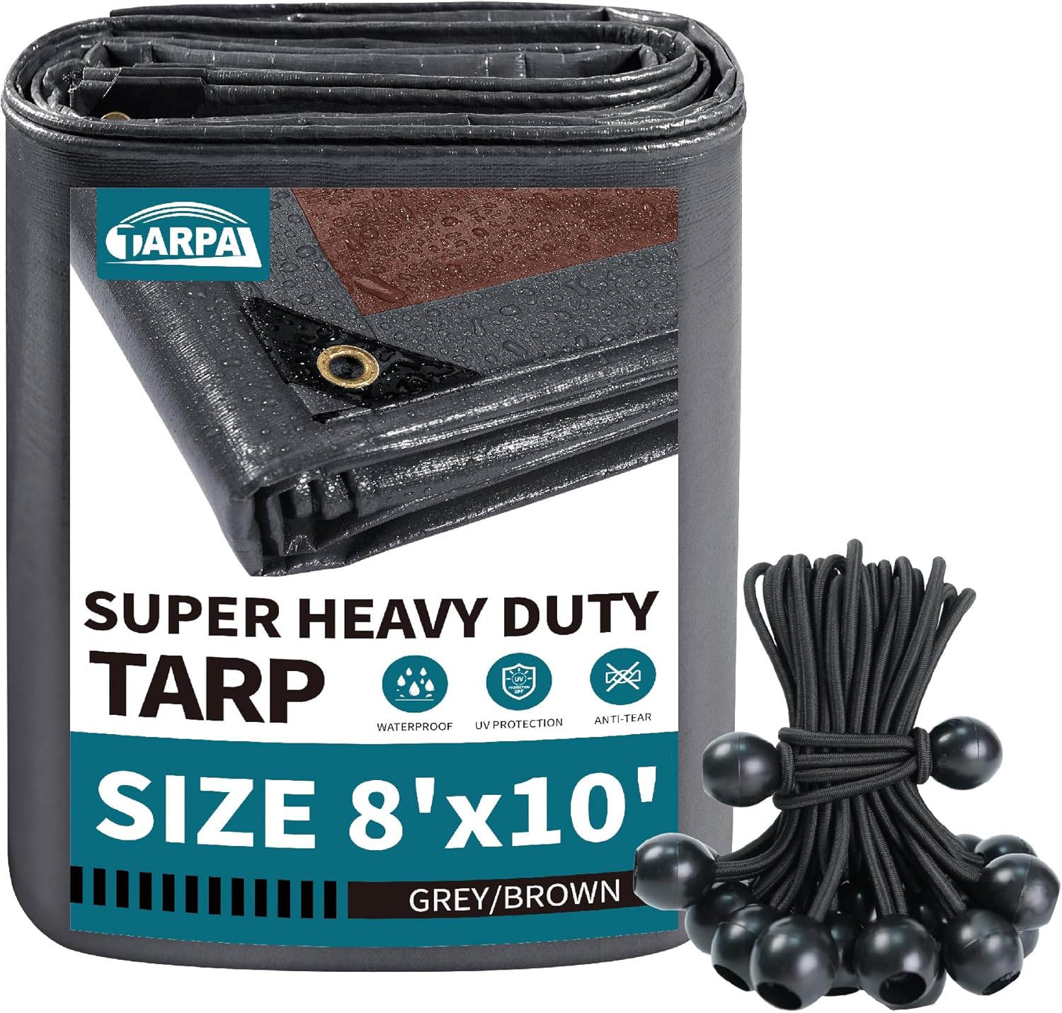 TARPAL tarp 8X10 ft Super Heavy Duty Tarps 20mil with Ball Bungee Cord (25 Pack) Tarp Waterproof UV Resistant Rip and Tear Proof Tarpaulin with Grommets by TARPAL(Grey/Brown)