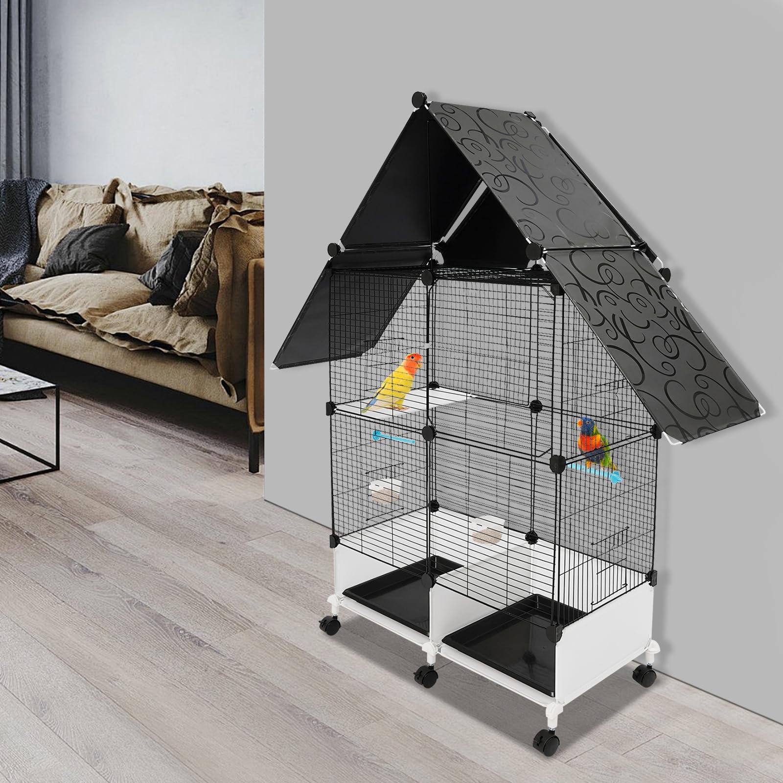 Jaula grande para pájaros, 74 x 37 x 126 cm, 74 x 37 x 163 cm, comedero y agua, jaula grande para pájaros con ruedas, puede empresas pequeñas y medianas (74 x 37 x 126 cm), color negro