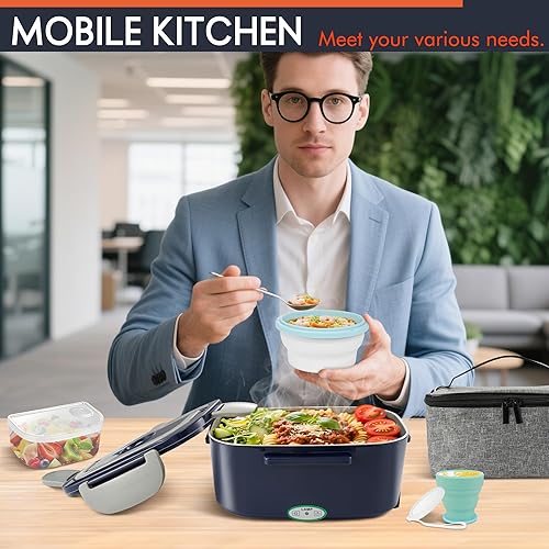 Miniatura 3 de AOSION Fiambrera eléctrica con cuenco y taza portátil, calentador de alimentos de 80 W, 3 en 1, cajas de almuerzo calentadas ultra rápidas para