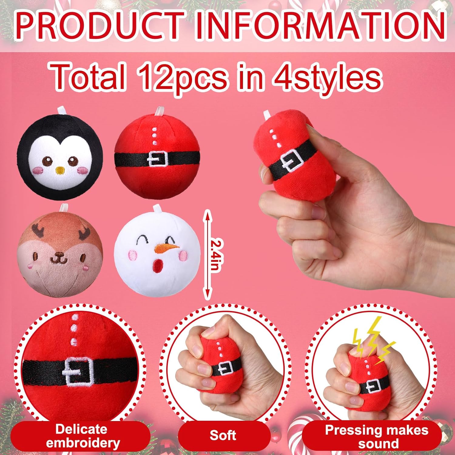 Syhood 12 Pcs Small Christmas Dog Toys Bulk 2.4 Inch Soft Christmas Plush Squeaky Balls for Dog Xmas Stocking Toys Interactive for Small Puppy Medium Breed Xmas Holiday Party Gift Decoration Supplies