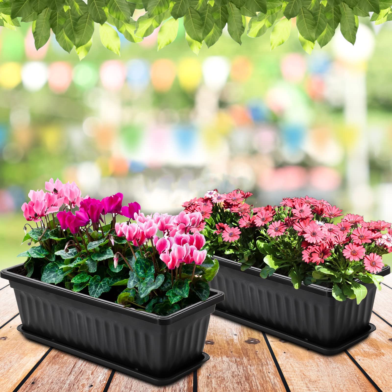 Fasmov 5 Stück 43,2 cm Blumenfenster Box Kunststoff Gemüse Pflanzgefäße mit Tabletts Gemüse Anzuchtbehälter Garten Blumentopf mit 5 Stück Pflanzenetiketten für Balkon, Terrasse, Garten, Schwarz