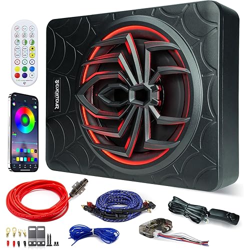 10" 1000W Slim Under Seat Powered Car Subwoofer, Car/Truck Audio Sub Built in Amplifier Combo, with Colorful LED Ambient Lights (RGB LED Subwoofer+Mounting Wire Kit)