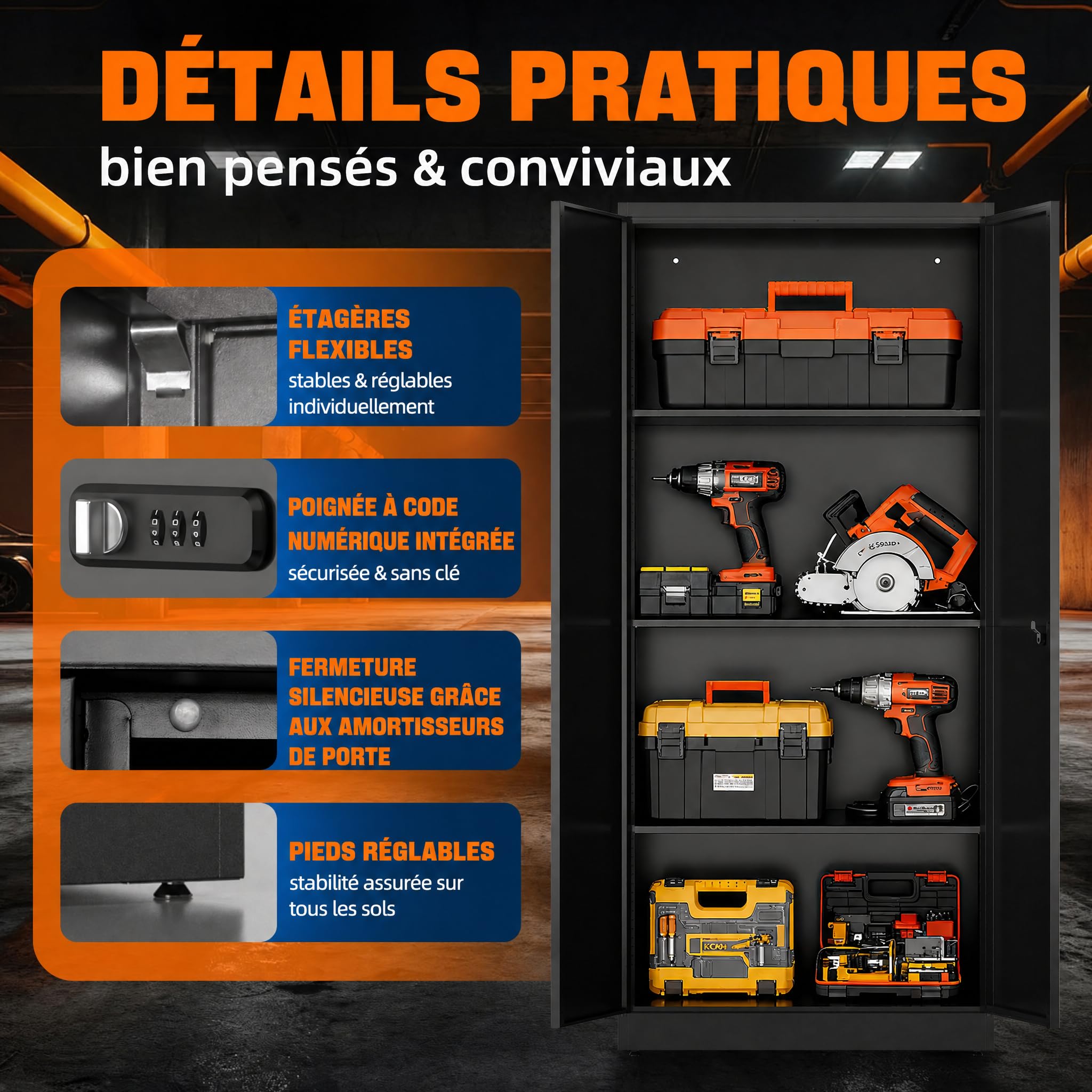 Meuble de Rangement Bureau, Armoire Métallique, Armoire a Outils, Etageres Reglables, en Acier, Placard, Doubles Portes, pour Garage, Bureau,Cuisine, Atelier, 40 x 80 x 180 cm, Noir