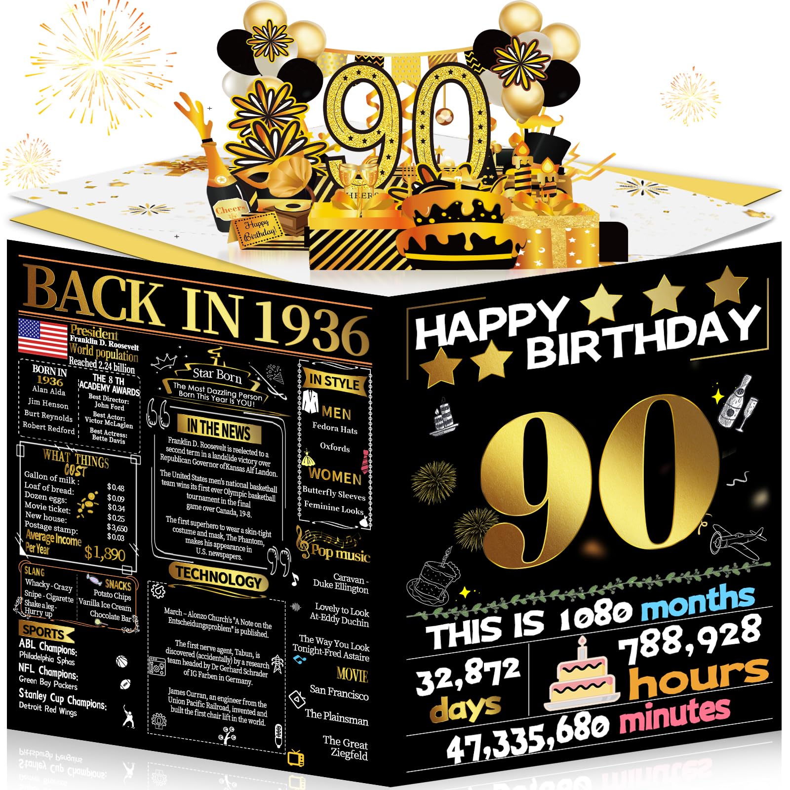 Joycard 90th Birthday Card for Women Men, 3D Pop Up Happy Birthday Gift for Grandpa Grandma, Funny 90 year old Birthday Decorations for Mother Dad, Back in 1936 Laser Gold Retro Theme
