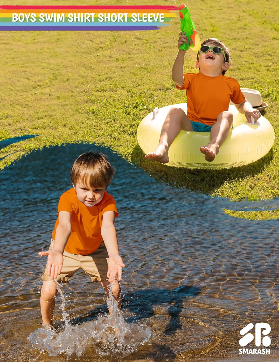 Boys Rash Guard Short Sleeve UPF 50 Sun Protection Swim Shirt Rashguard Fishing Surf Quick Dry Cool Beach Clothes for Toddler Youth Kids Orange 8Y - Image 2