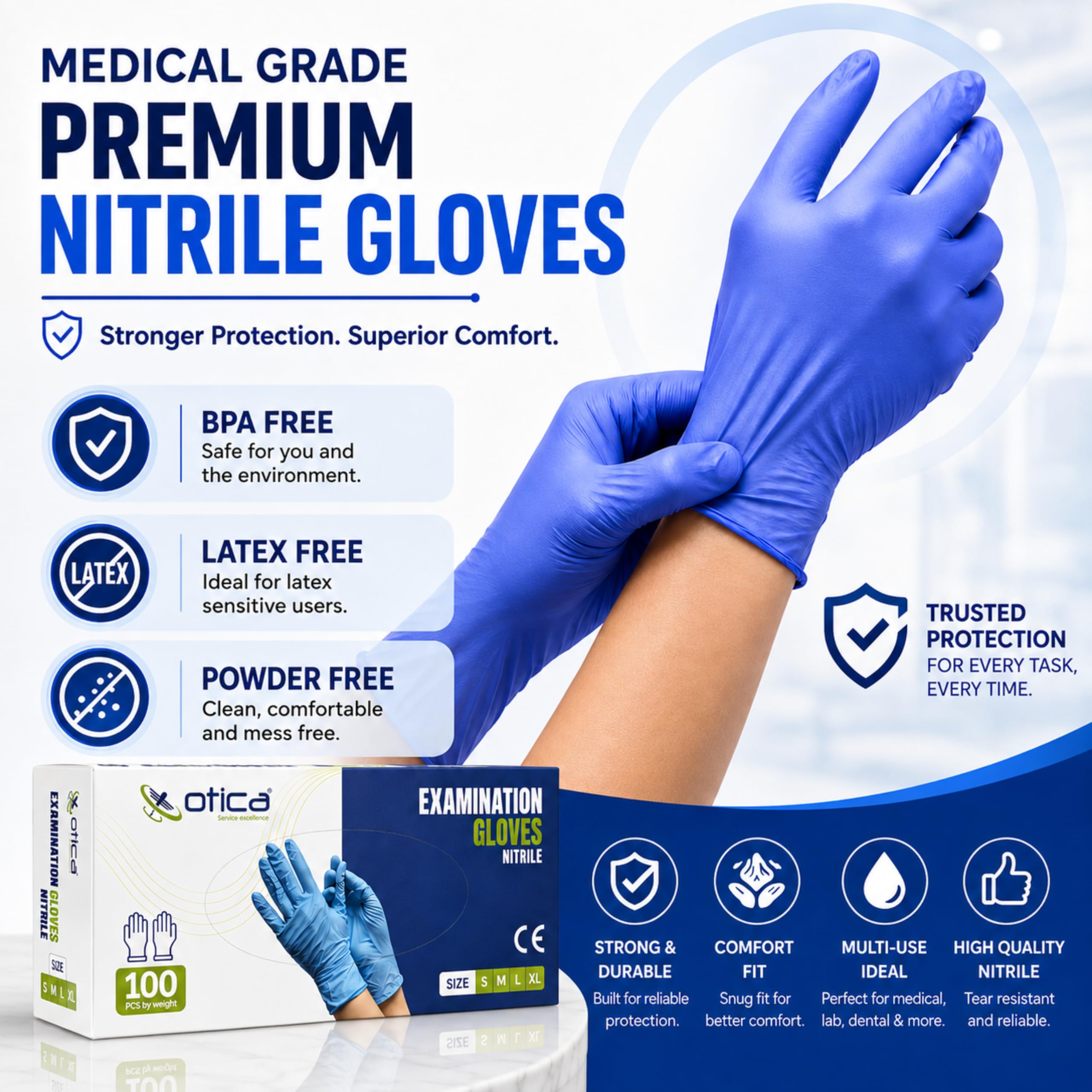 OTICA Nitrile Exam Hand Gloves|100 pcs|Tear Resistance|Stick Resistant|Powder Free|Gloves for Food,Dental and Hospital|Blue|Medical Examination Gloves Pack of 100(Small) 1