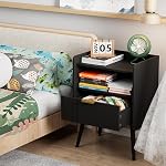 Night Stand Modern End Table with Storage Drawer and Open Shelf, Small Bedside Stand, Wooden Sofa Side Table for Bedroom,Study Room and Small Spaces (Black)