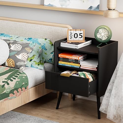 Vista 5 de Mesita de noche moderna con cajón de almacenamiento y estante abierto, soporte de noche pequeño, mesa auxiliar de sofá de madera para dormitorio