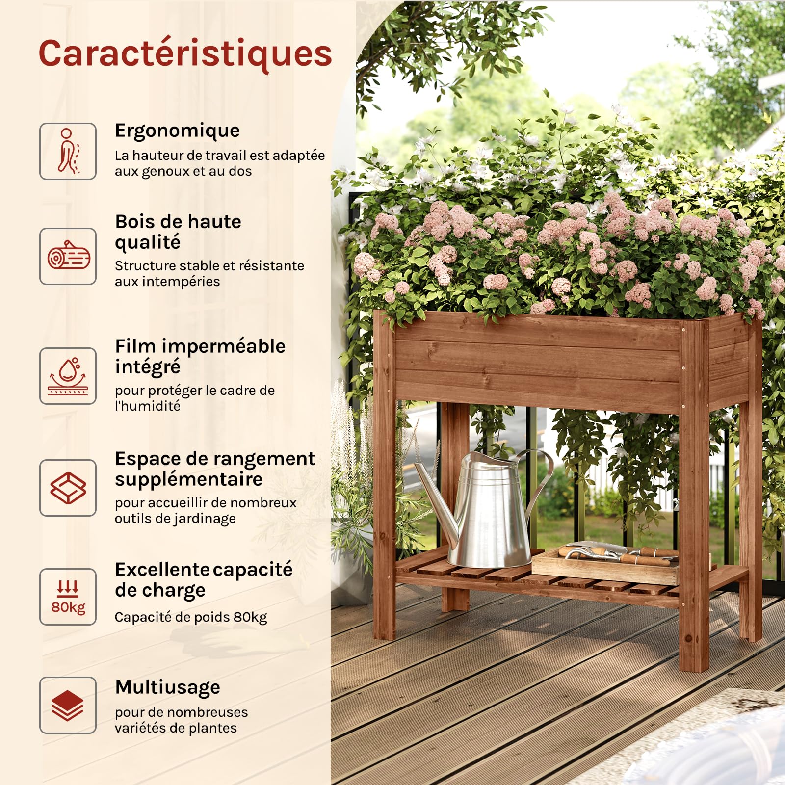 WOLTU Jadinière surélevée en Bois, 80x75x40 cm, Étagère avec Bac à Fleurs, Film Plastique, pour Légumes, Herbes Aromatiques, pour Balcon, Jardin, Terrasse, Intérieur, Extérieur, Brun