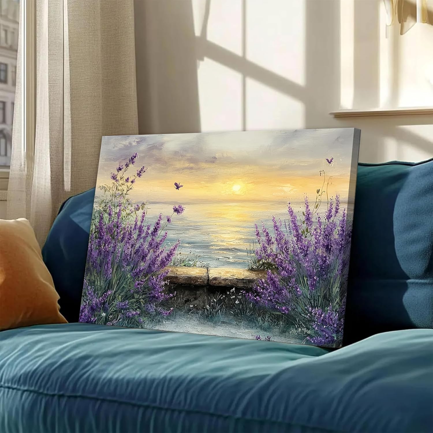 Tertiosh Coastal Sunset Lavender Canvas Wall Art Still Life Seascape Wall Decor Picture Floral Print Beach Theme Painting Artwork for Modern home decoration for living room and bedroom 16x24in