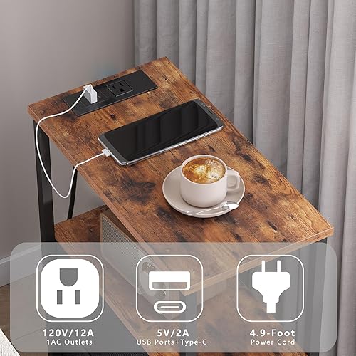 Miniatura 7 de TUTOTAK Mesa auxiliar estrecha pequeña con estación de carga, juego de 2, mesa auxiliar con tomas, mesita de noche con 2 cajones de tela, mesa de