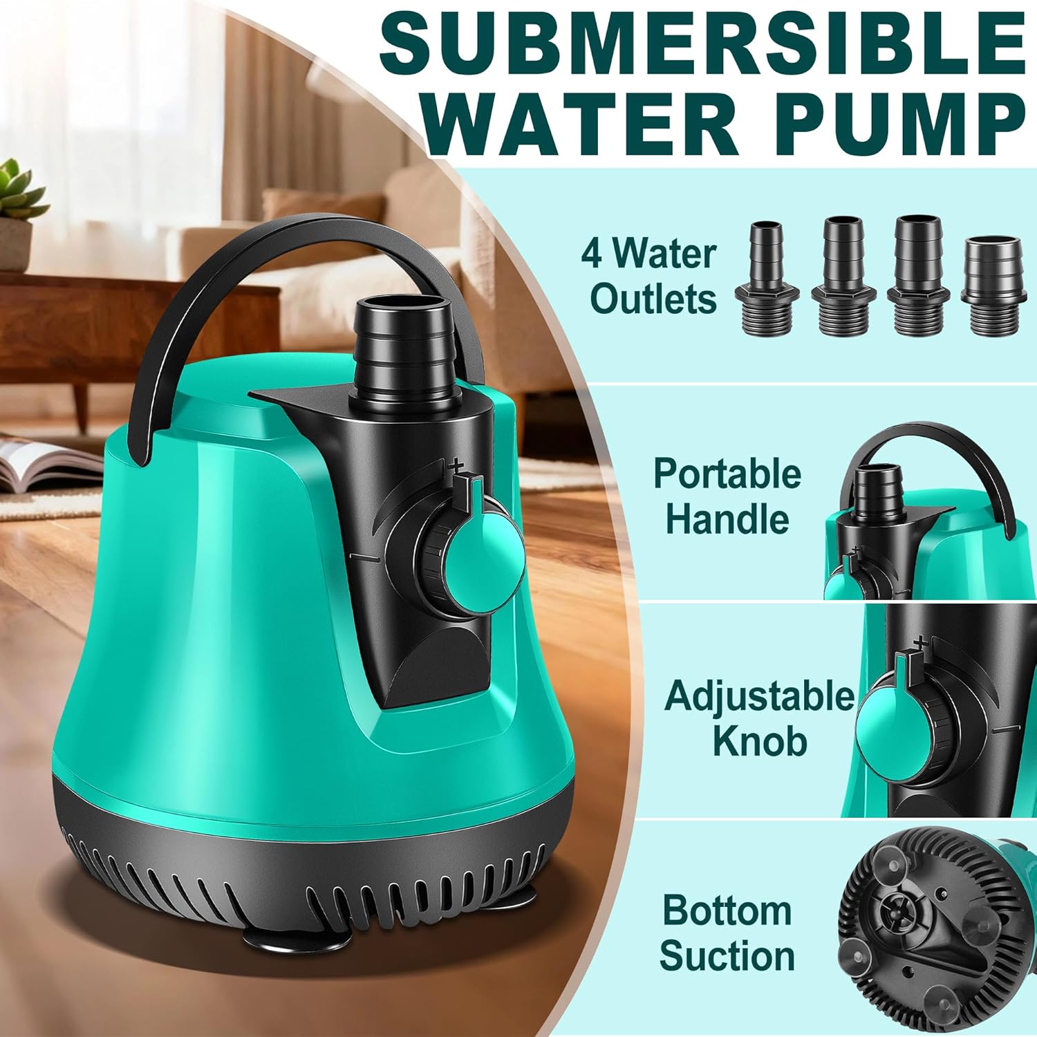 RovPool Sump Pump Submersible, Pool Cover Pump Above Ground with Adjustable Flow, Portable Electric Water Removal Pump with 10ft Hose, 4 Adapters Water Pump for Pool Draining,Fish Tank,Pond, 950GPH