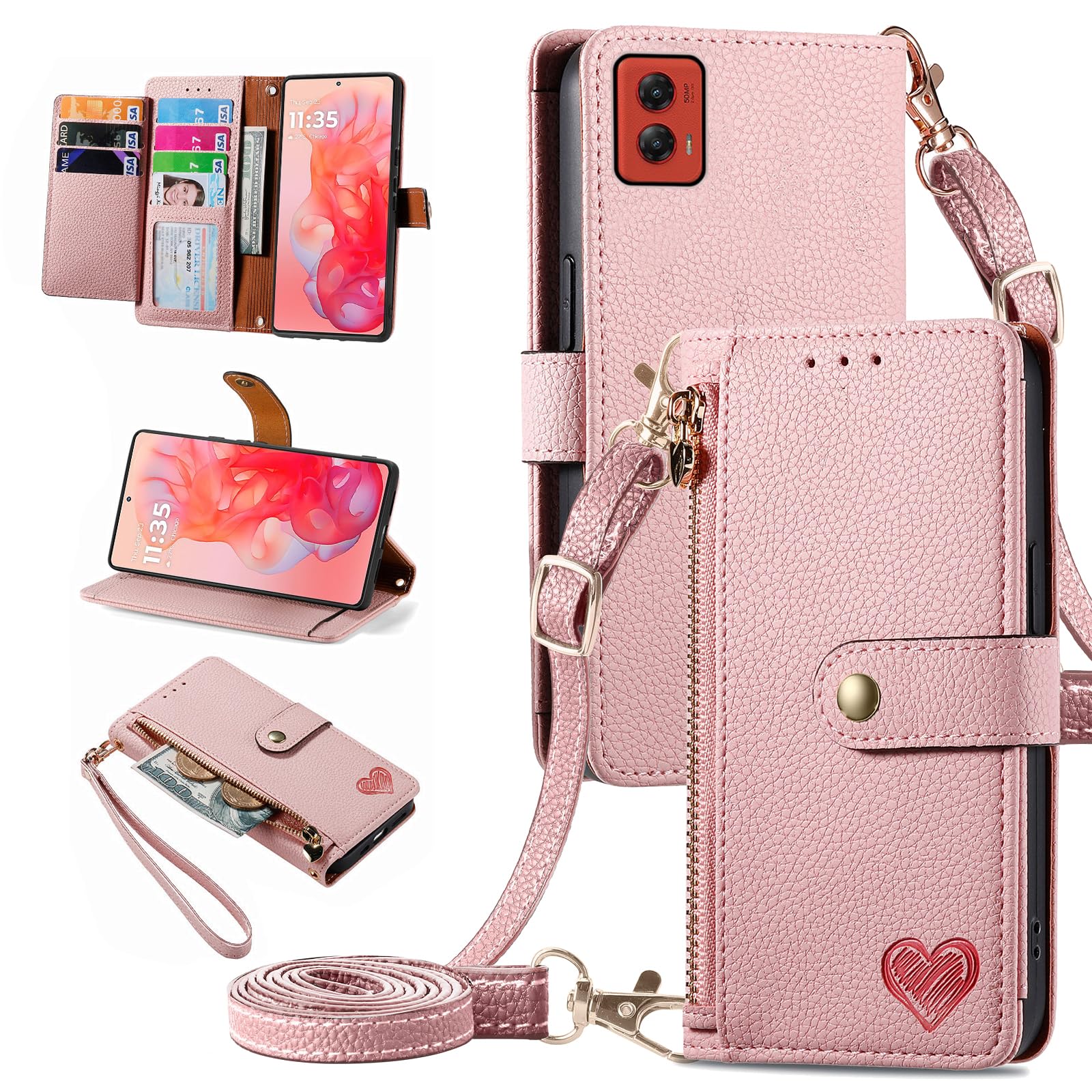 Furiet Wallet Case for Motorola Moto G Stylus 5G 2024 with Zipper Pocket Purs Shoulder Strap Wrist Strap, PU Leather Stand RFID Flip Card Holder Phone