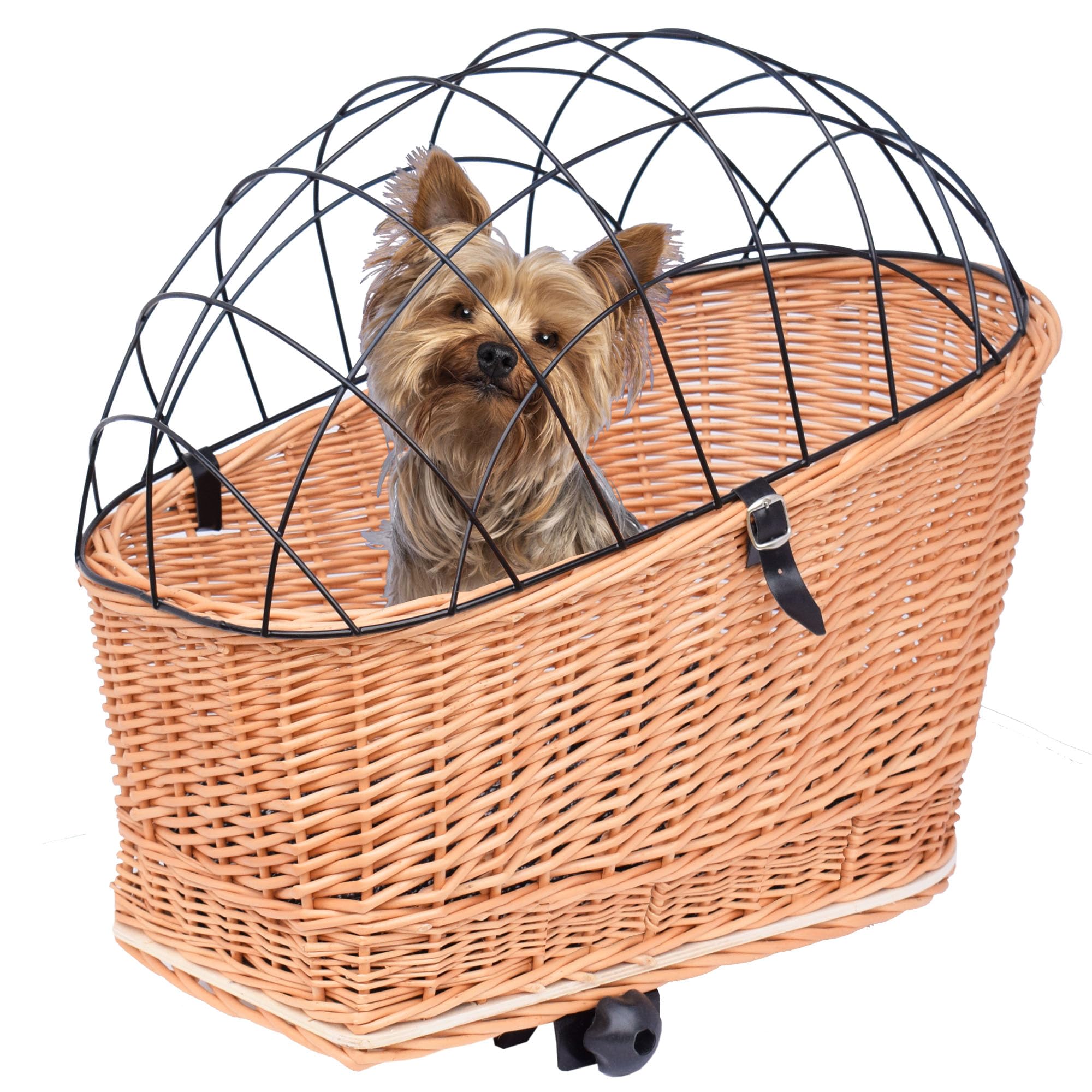 Hundefahrradkorb mit Gitterhaube, Befestigung für Gepäckträger, herausnehmbarem Kissen – Handgeflochten, stabil, schwarz oder honigbraun, aus Weide – Hundekorb Fahrrad (Honigbraun, L) Haustier