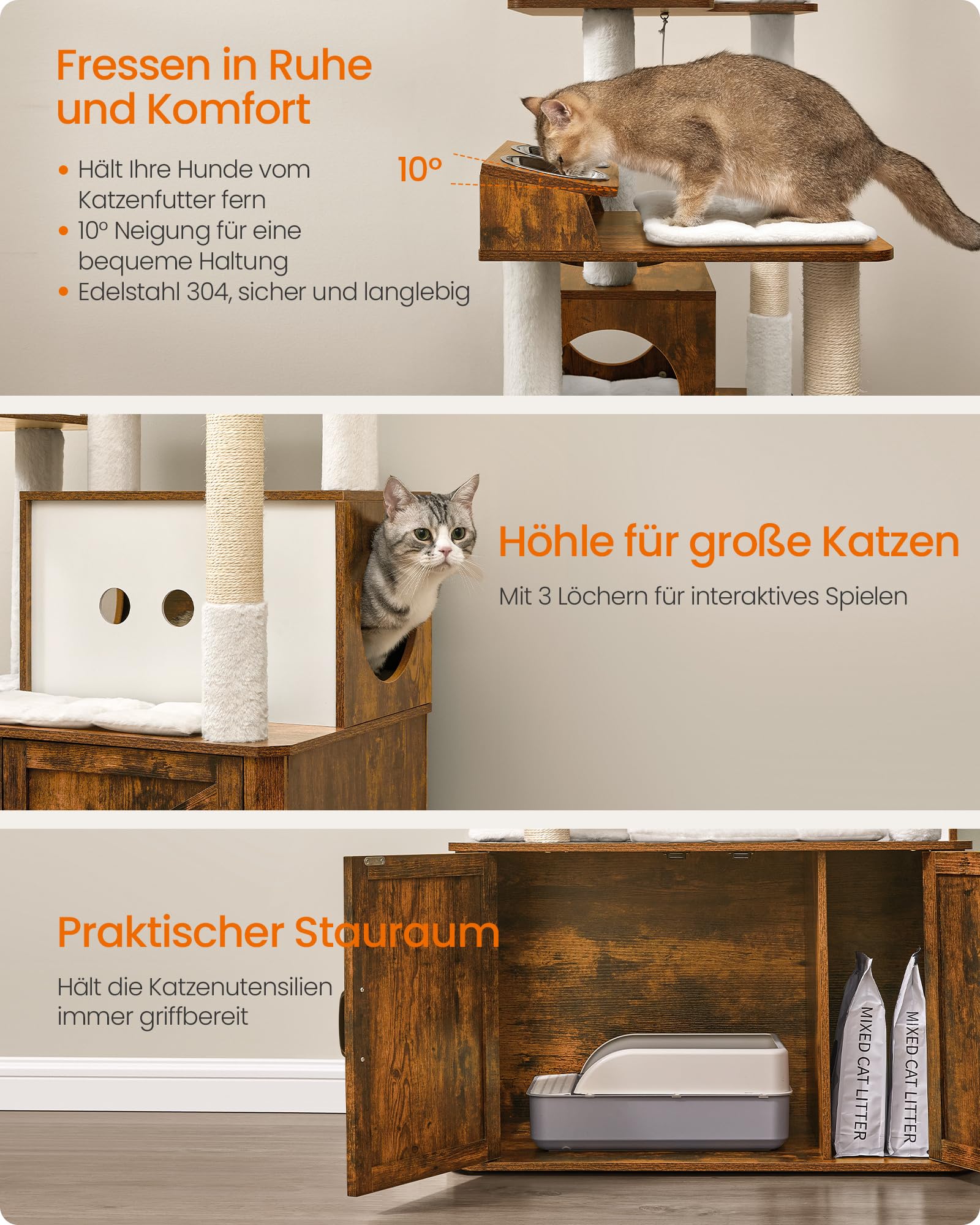Feandrea Kratzbaum, 170 cm hoch, mehrstöckiger Katzenbaum, große Höhle, Liegemulde, Kratzstämmen, Plüschbälle, Katzenklo-Schrank, vintagebraun PCT169K01
