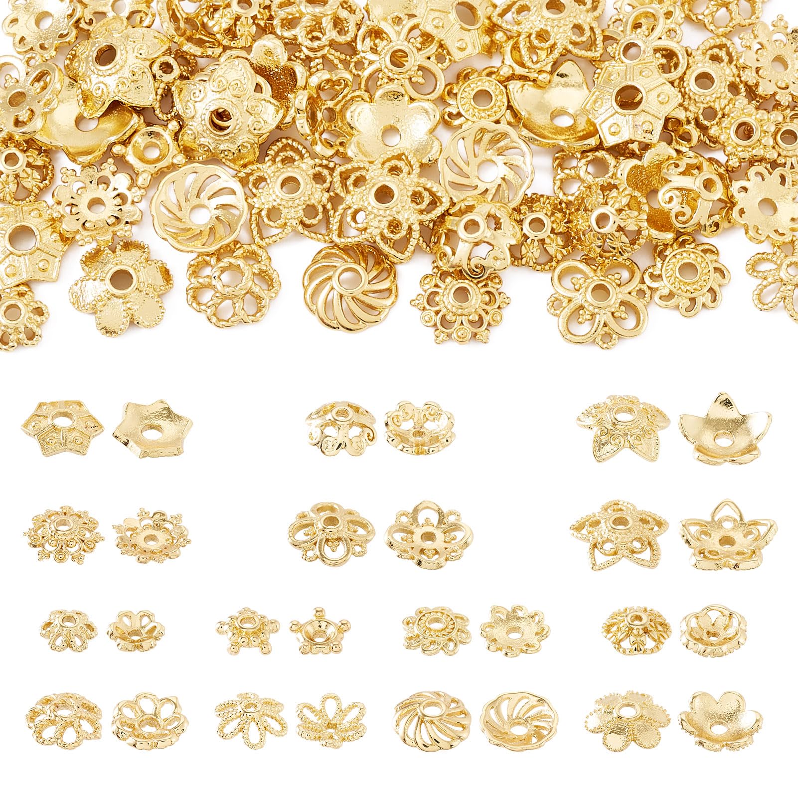 Spritewelry 56 Pcs Brass Bead Caps for Jewelry Making Real 18K Gold Plated Hollow Filigree Flower Caps Loose Spacer End Beads for Bracelets Earring Necklace