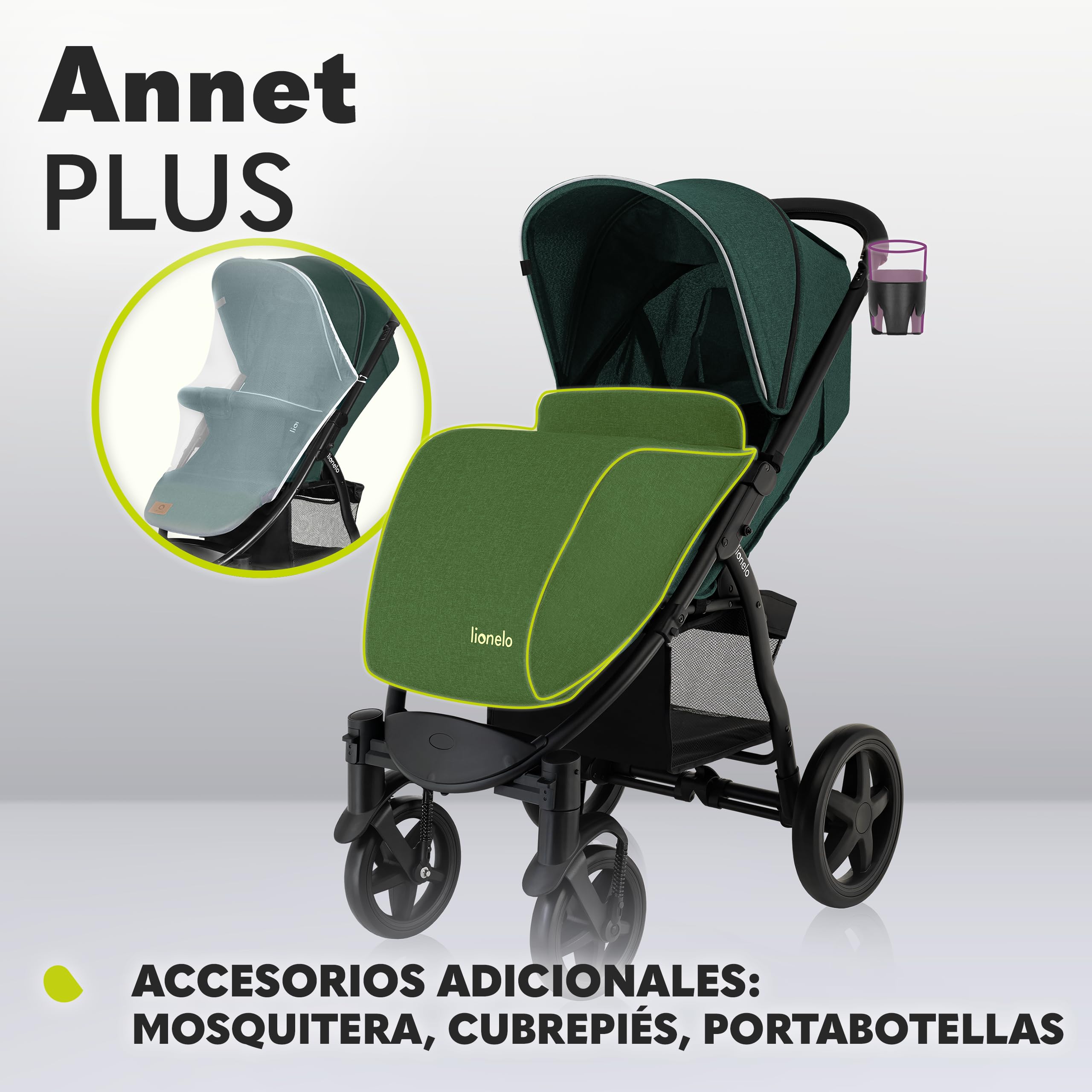 LIONELO Annet Silla de Pase Para niños hasta 22 kg 0-48M ajuste del respaldo hasta posición horizontal Capucha XXL Plegable fácil con ventana Mosquitera (Green)