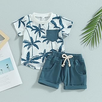 Hbdhejl Ensemble Pour Garçon Fille Manches Courtes Été Décontracté Gentleman Hauts Plage Hawaii Vacances T-Shirt Uni Shorts Tenues Garçon Taille 6 Mois-12 Mois Vert Menthe