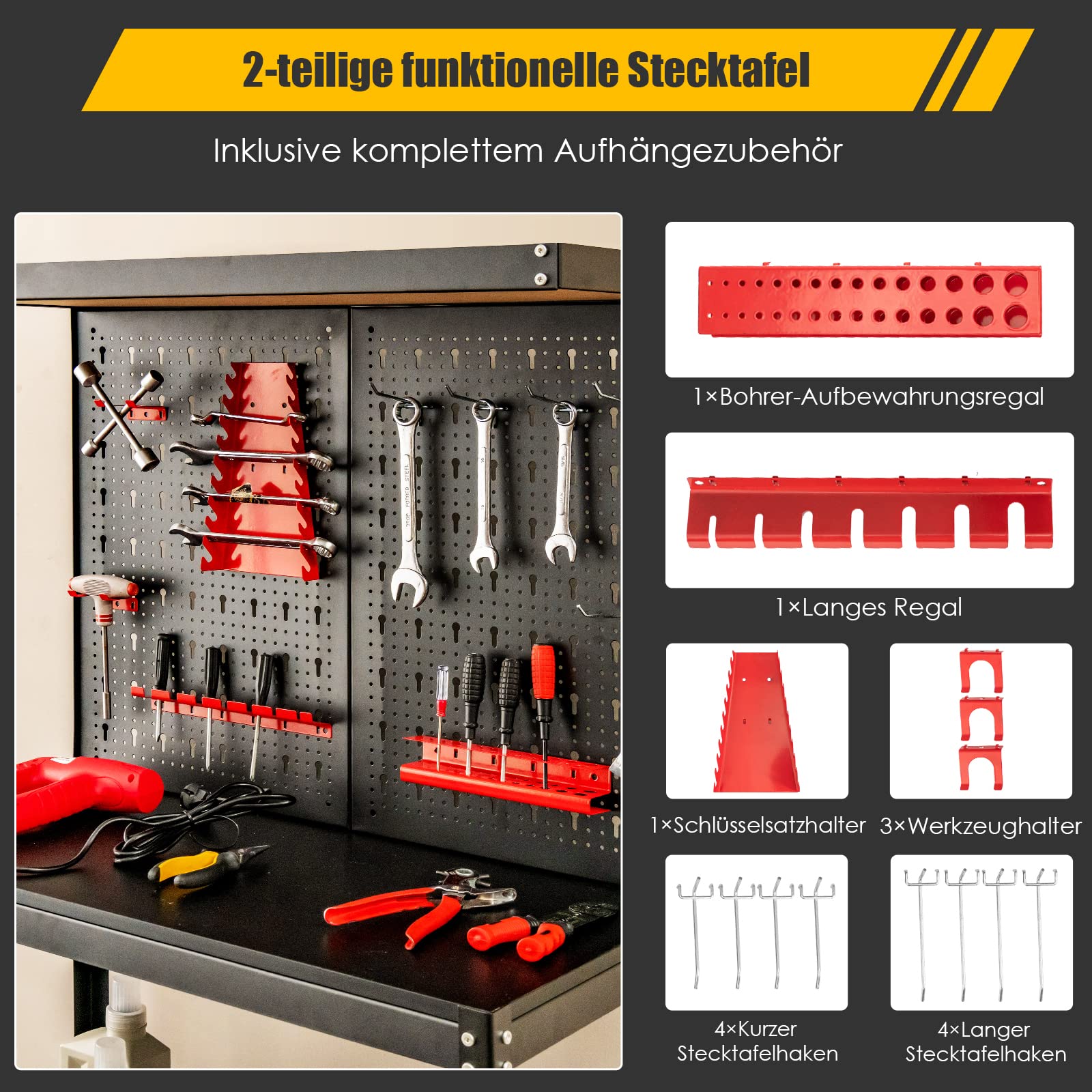 GOPLUS Werkplaatsrek, opslagsysteem, werkbank met plank, steekbord, opbergplank, tafelblad en 2 onderste planken, 13 hangende accessoires, gereedschapshouder voor thuis, garage, schuur