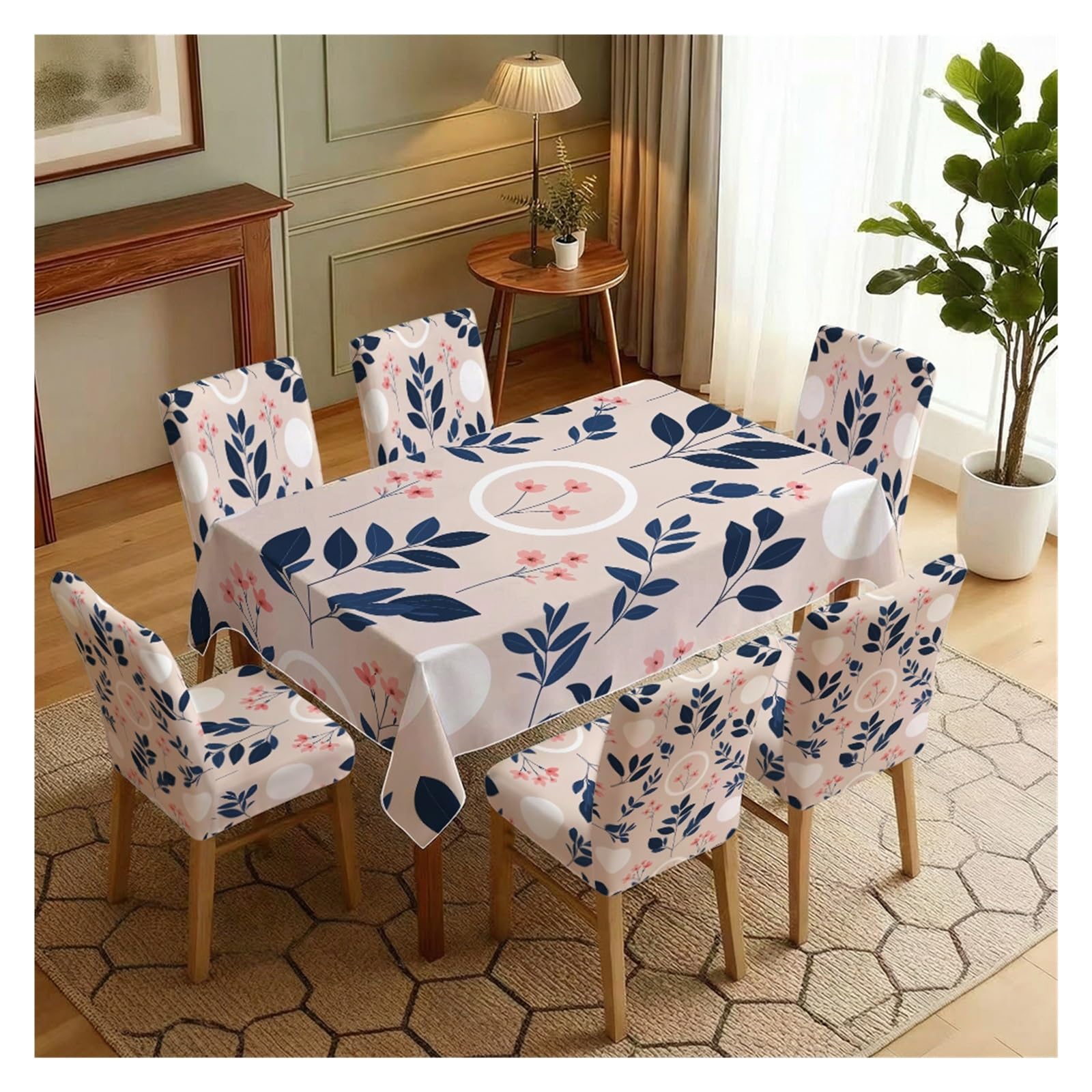 KXUAUV Pink & Blue Leaf Print Tablecloth & Chair Covers Set, Slipcovers For Dining Room, Kitchen, Modern & Casual Decor, 5/7 Pack Party Decor(7pcs Set: Tablecloth+Chair Covers)