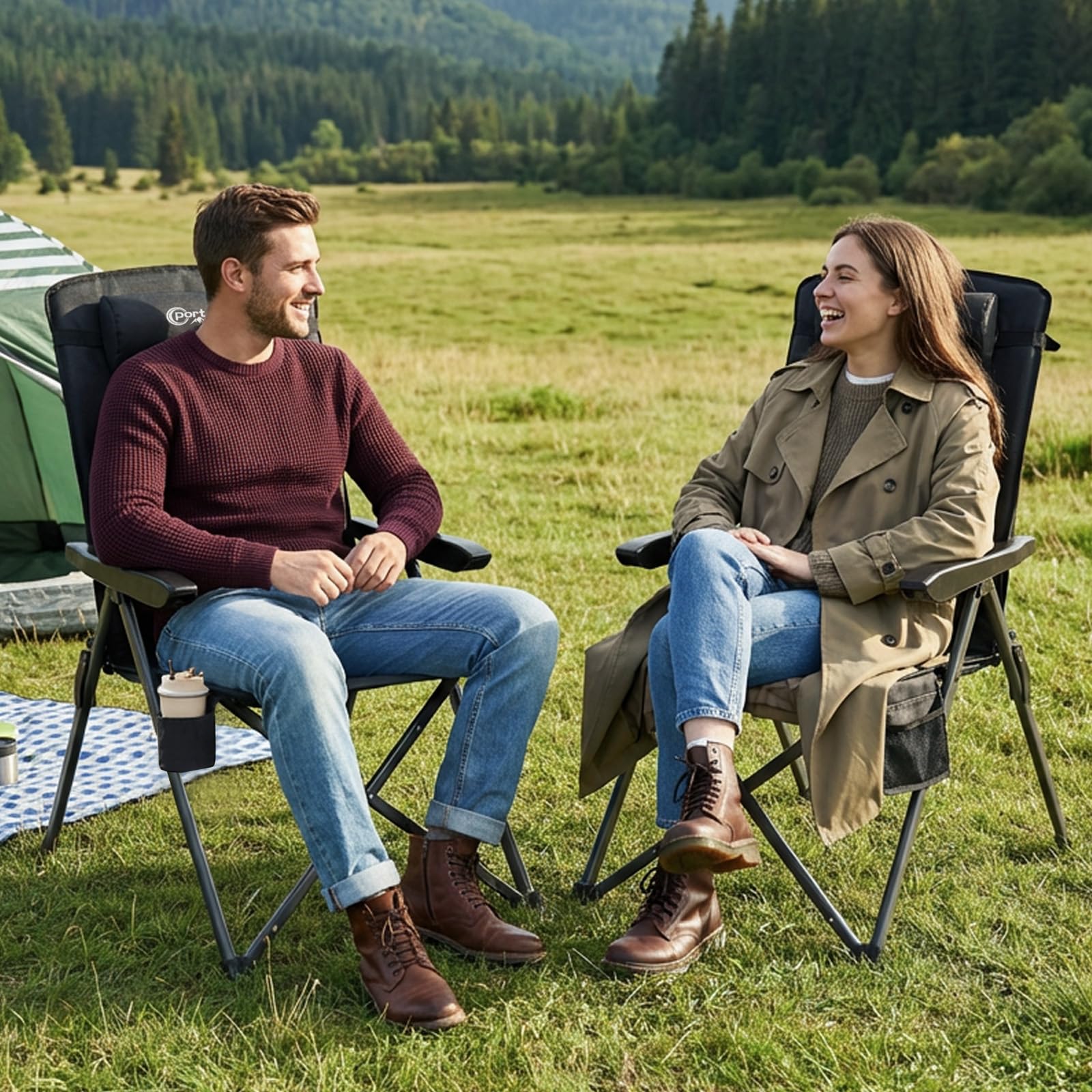 Portal Campingstuhl Faltbar Rückenverstellbar in 3 Positionen Klappstuhl 160 KG Belastbar Hohe Lehne Camping Anglerstuhl Gartenstuhl Liegestuhl Alu für Garten Balkon Picknick