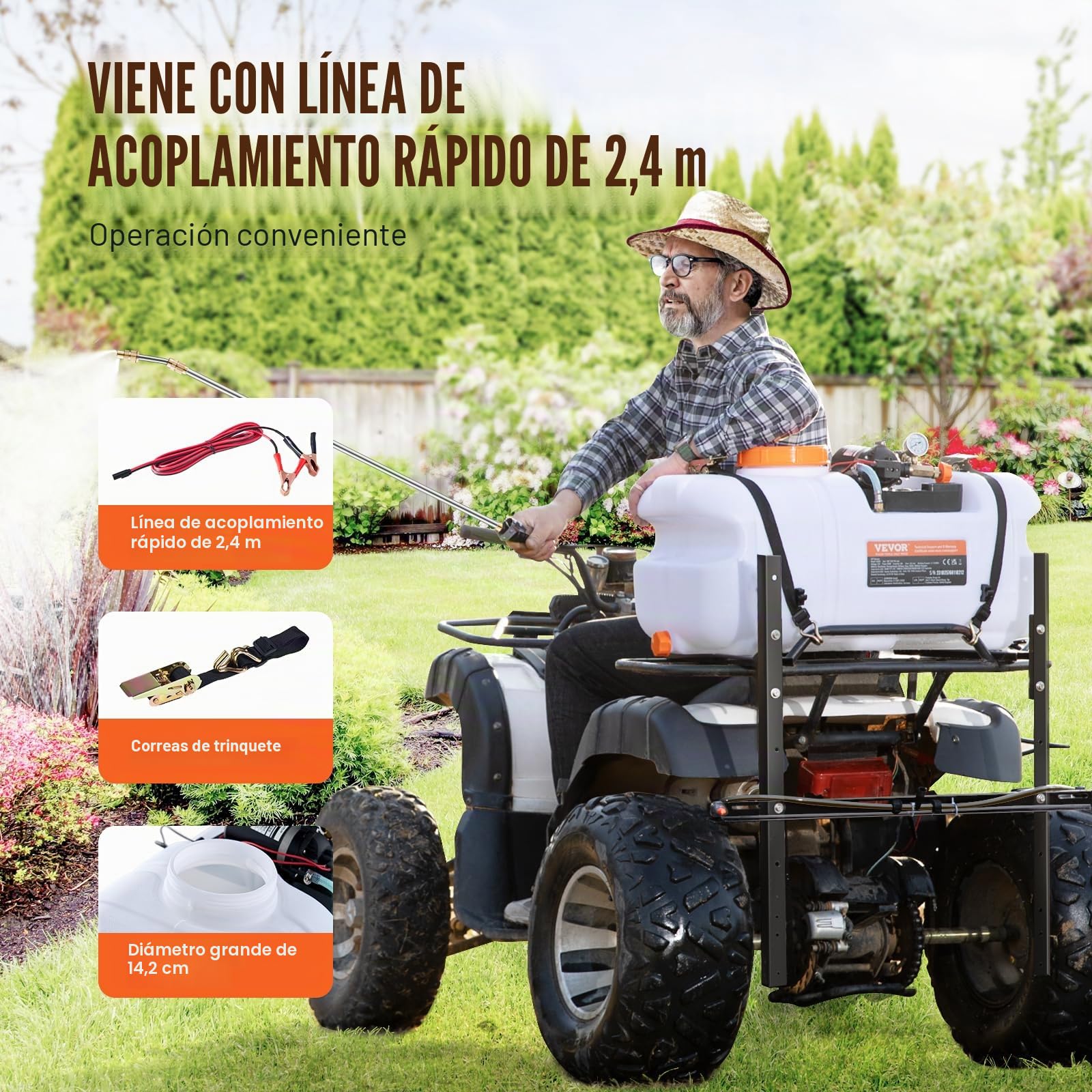 VEVOR Pulverizador para ATV UTV 60 L 12 V Bomba Pulverizador de Malezas para Jardín con Tanque de Agua, Rampa de Boquilla, Manguera de 6,1 m, Flujo de Bomba 7 L/min Presión Ajustable 0-72 PSI, Blanco