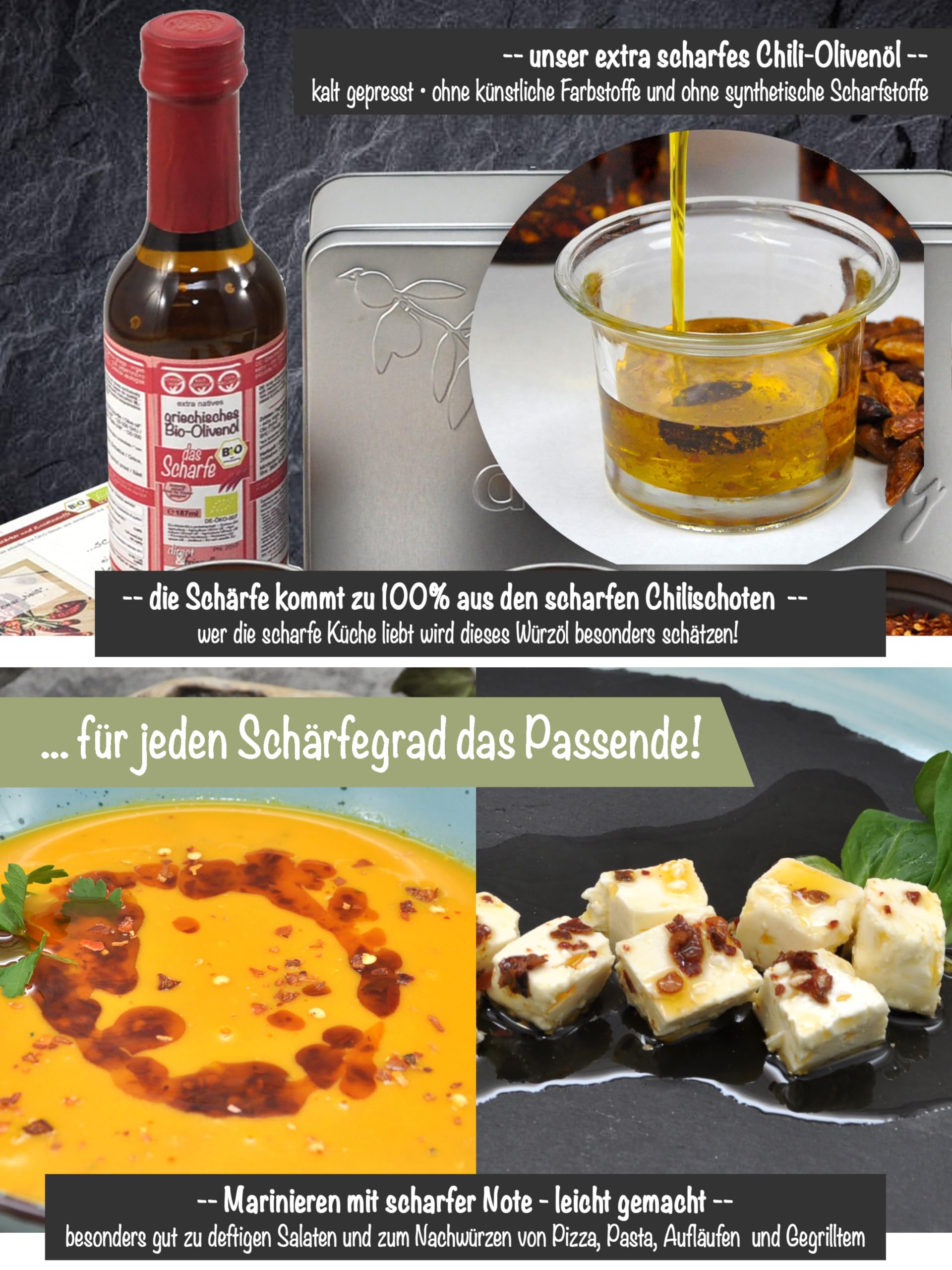 Bio Chili-Olivenöl extra scharf & Chiliflocken 3 Schärfegrade Geschenkset