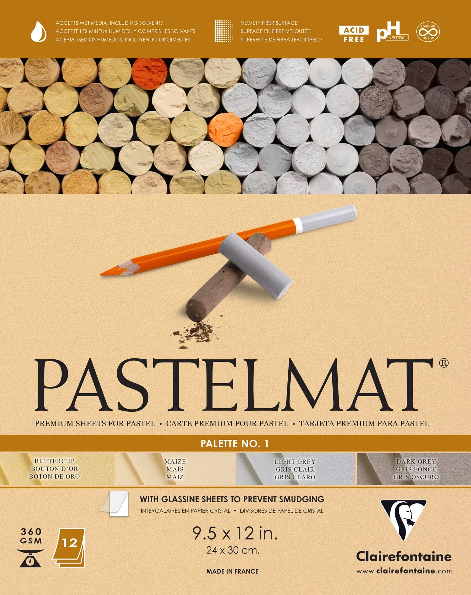 Pastelmat Glued Pad - Palette No. 1 - (9 1/2 x 12 Inches) 24 x 30 cm - 360g - 12 Sheets - Maize, Buttercup, Dark Grey, Light Grey