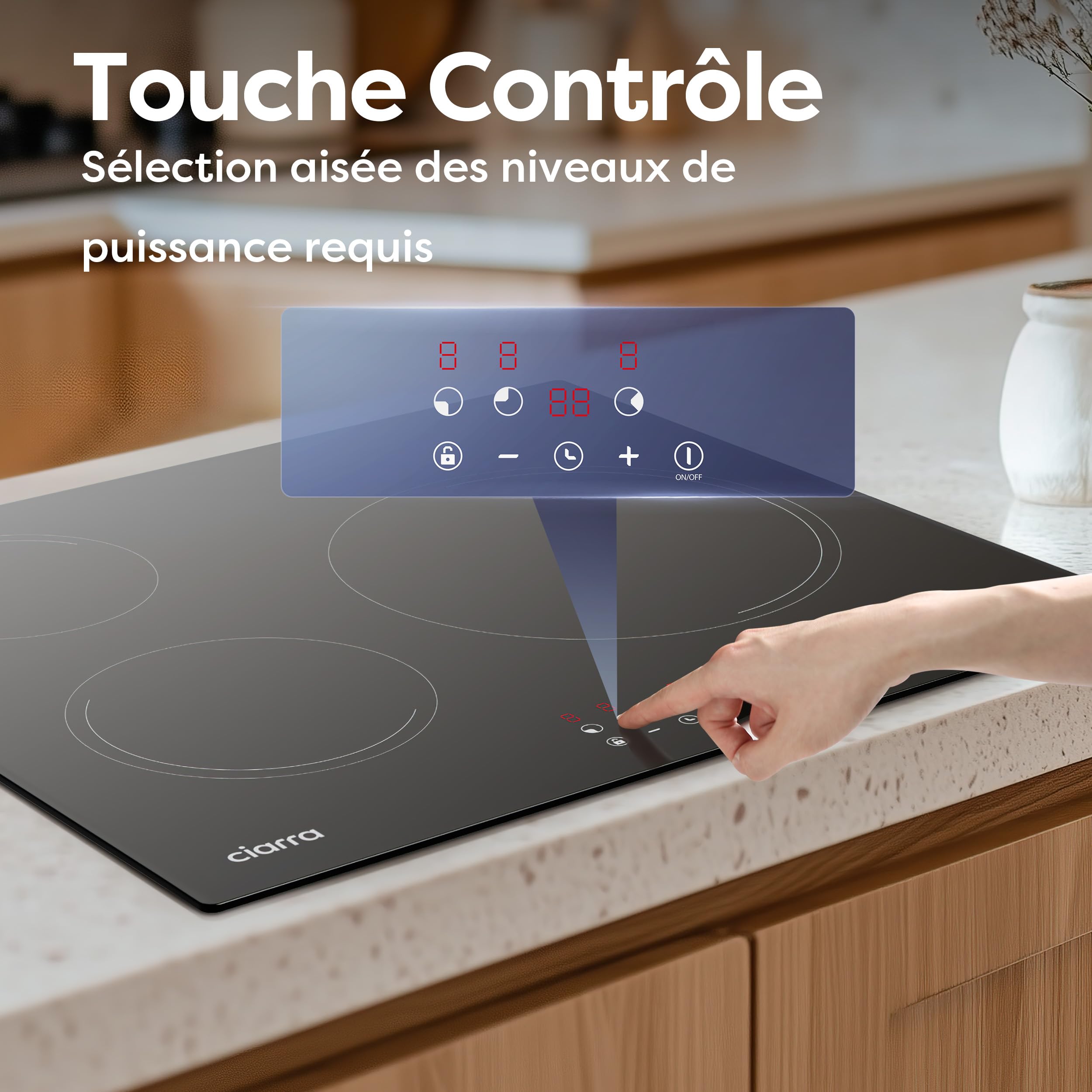 Ciarra Plaque Induction 3 Feux Encastrable 60cm | Commande Tactile, Minuteur, Sécurité Enfant, Arrêt Automatique, Détection Récipient