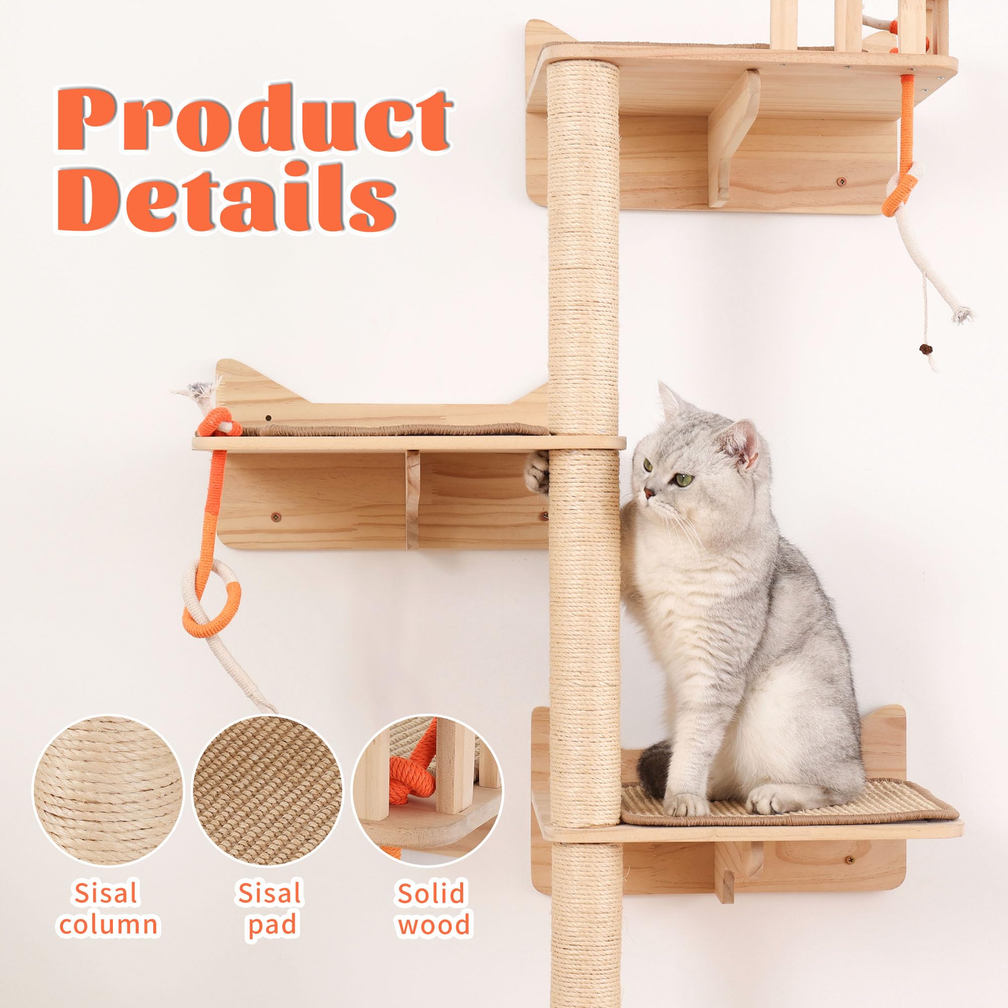 Kratzbaum zur Wandmontage, 7 Stück, Katzen-Wandregale und Sitzstangen mit hohen Sisal-Kratzstämmen, Wandhalterung, Katzen-Kletterbaum und platzsparende Möbel für Indoor-Katzen zum Klettern