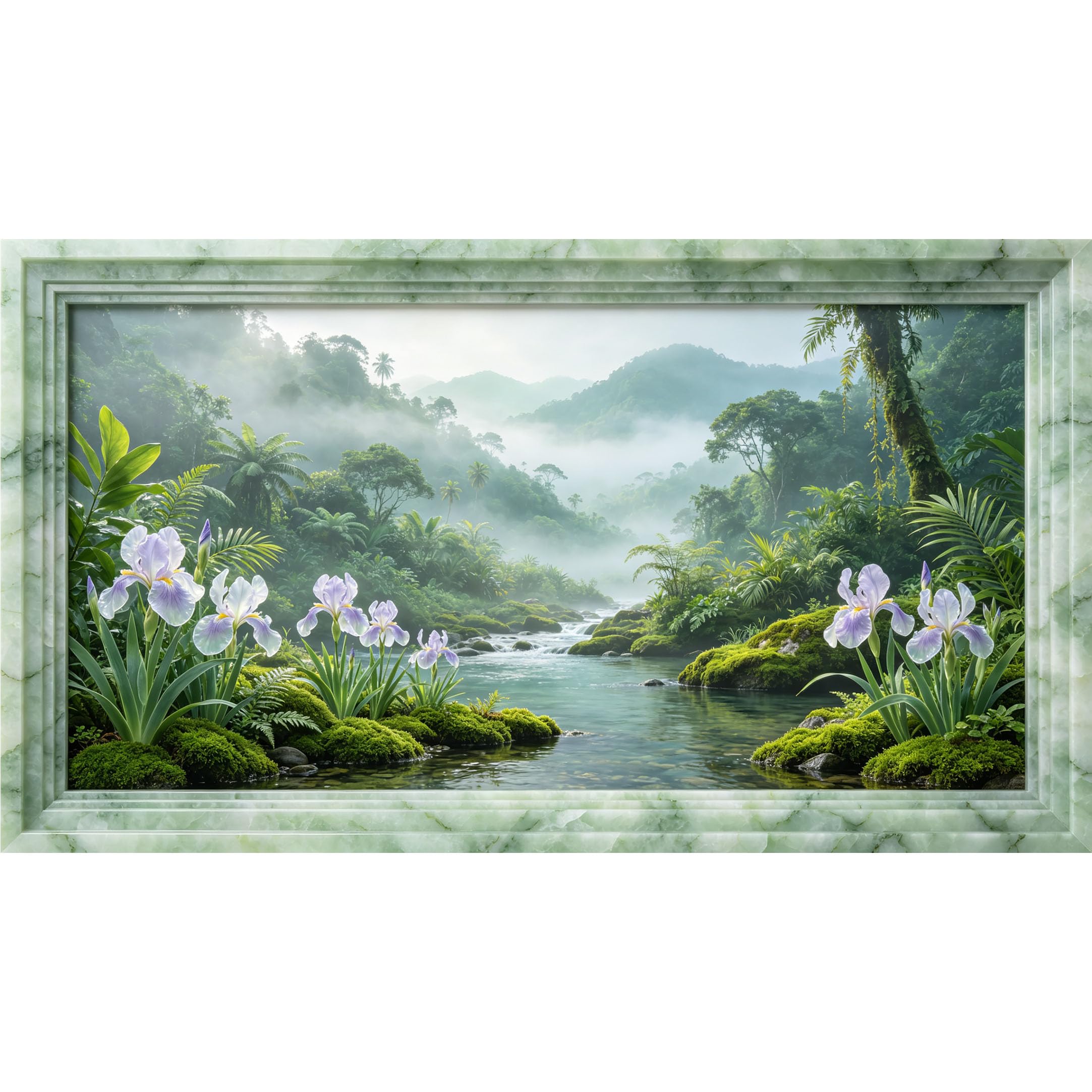QZLITHOTIC 50×100cm 3D Framed Wall Art， Tropical Jungle River Landscape with Mist and Purple Iris Flowers Self?Adhesive Mural， Water?Activated Peel & Stick Fabric Decor Wall Decal for Bedroom Living
