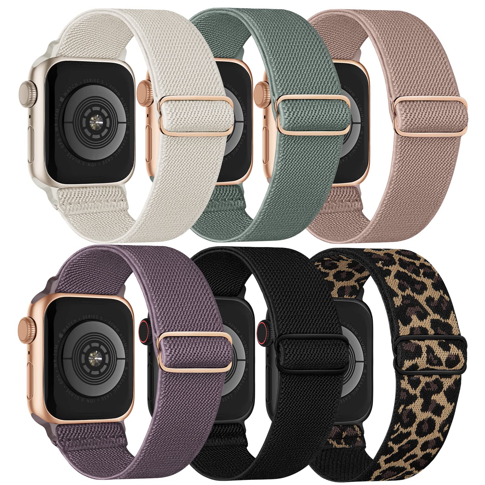 6 Pack Stretchy Solo Loop Compatible with Apple Watch Bands 38mm 40mm 41mm 42mm 44mm 45mm 46mm 49mm, Nylon Sport Elastic Wristbands Strap Women Men