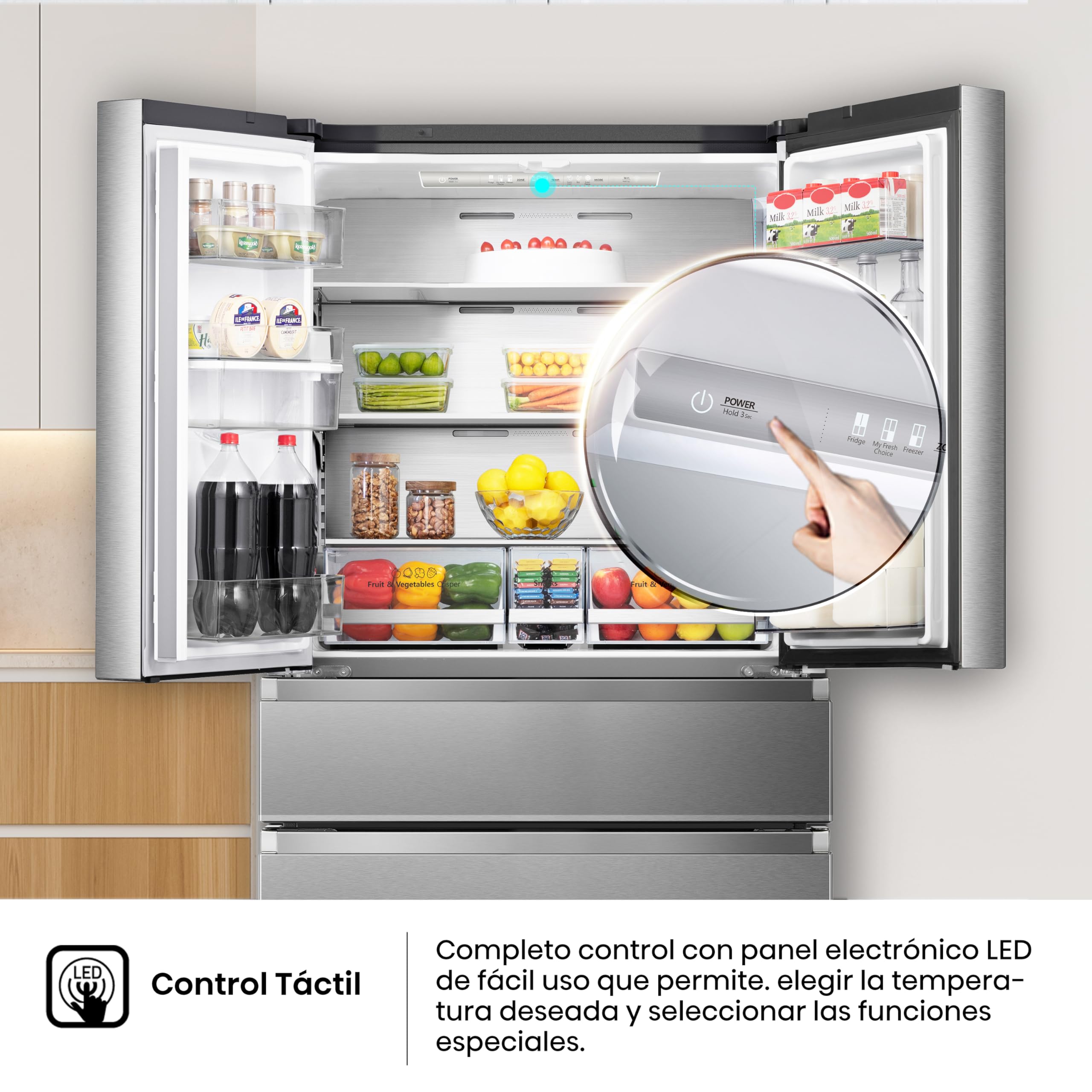 Hisense RF749N4SWSE - Frigorífico Americano,Conectividad Wifi No Frost, Inox Puerta Cajón Frances, Total No Frost, Capacidad Neta 579 L, 1.78 m,Silencioso