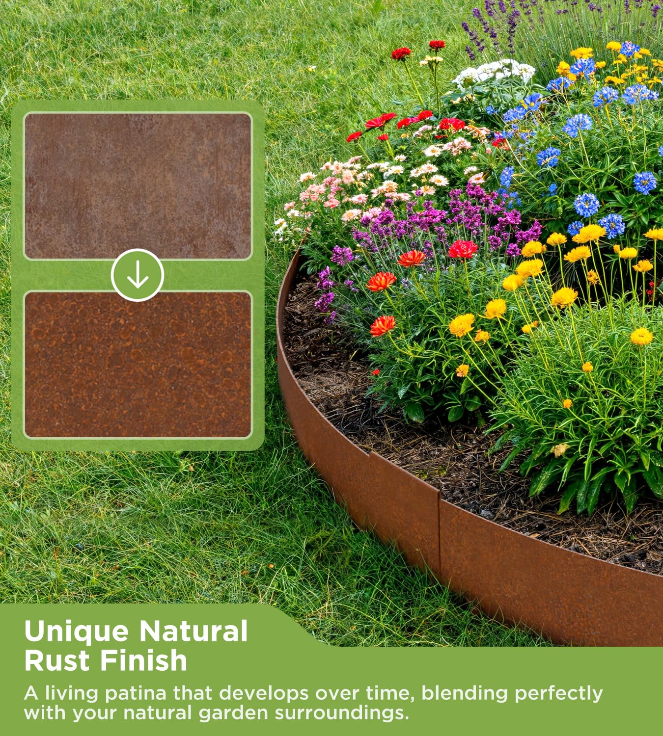 Bordure de pelouse en acier Corten 10 m - Bordure de parterre en métal de 15 cm de haut, épaisseur 0,6 mm - Bordure de parterre flexible avec aspect rouille - Avec une paire de gants et un connecteur