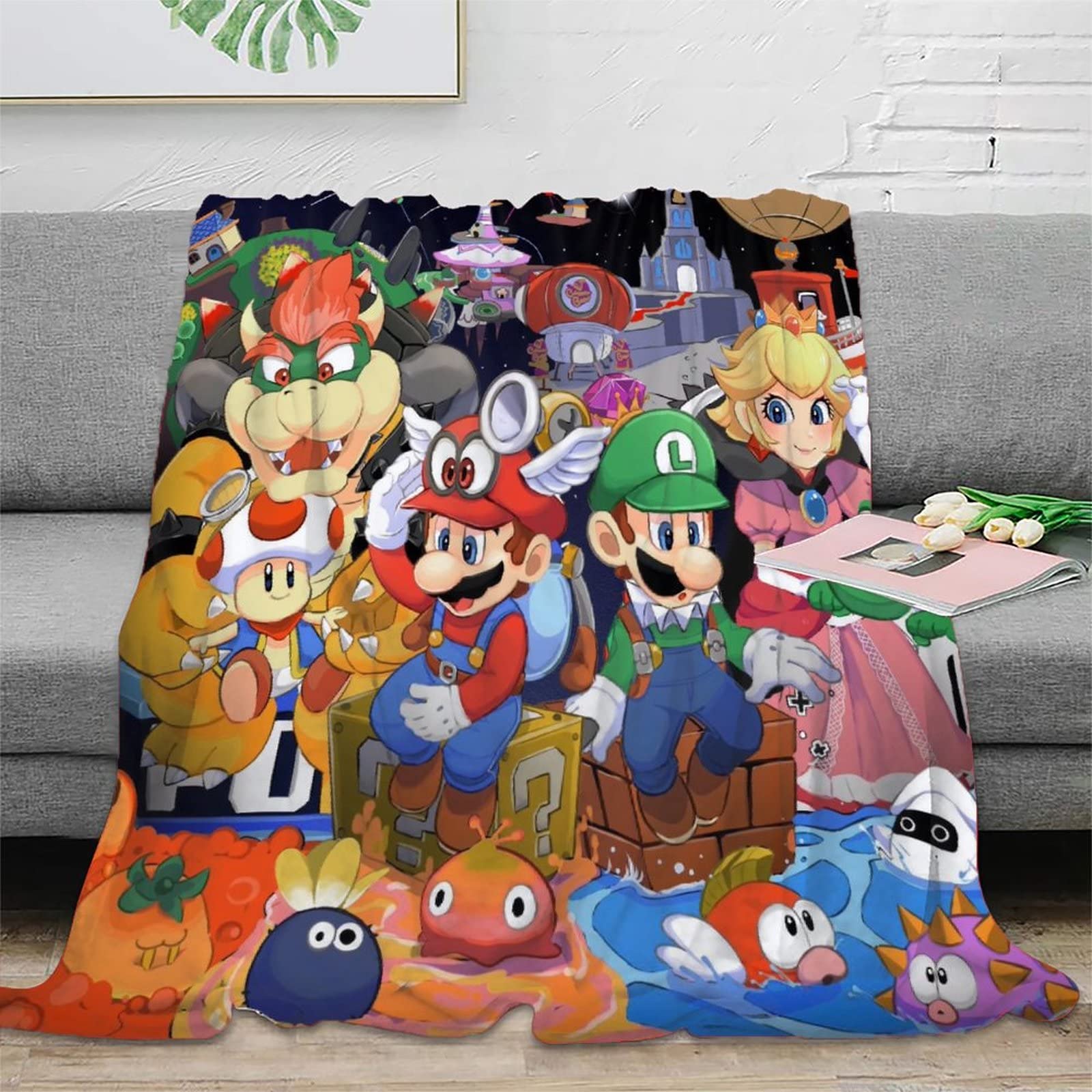 xinme Super Mario Fleece Blanket Mario Movie Throw Blanket For Sofa Couch Warm Thick Plush Blanket Oversize Fuzzy Blanket Room Decor Flannel Blanket 100X130cm