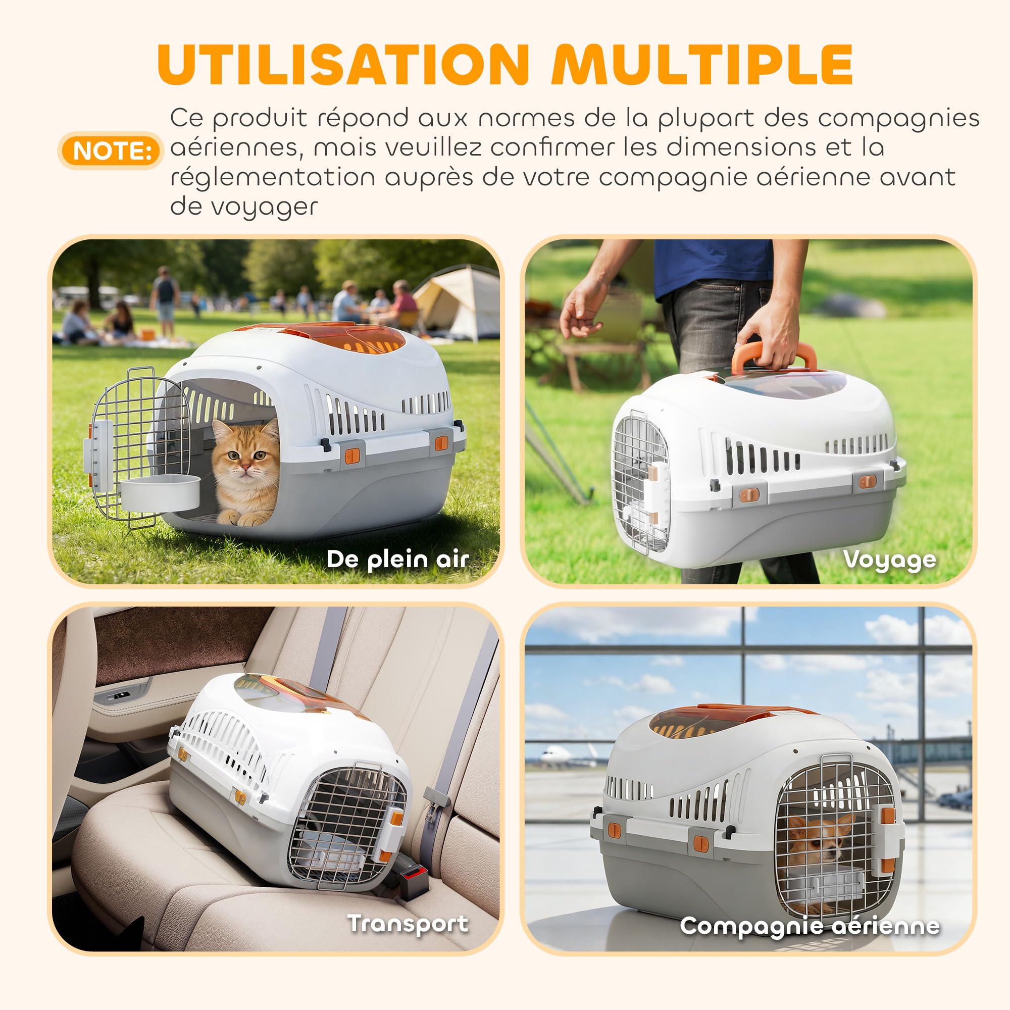 PawHut Caisse de Transport Chat et Chien, Cage de Transport pour Chats et Petits Chiens jusqu'à 4 kg, Porte Acier, Bol de Nourriture, Fermeture sécurisée, 49 x 32 x 31 cm, Gris et crème