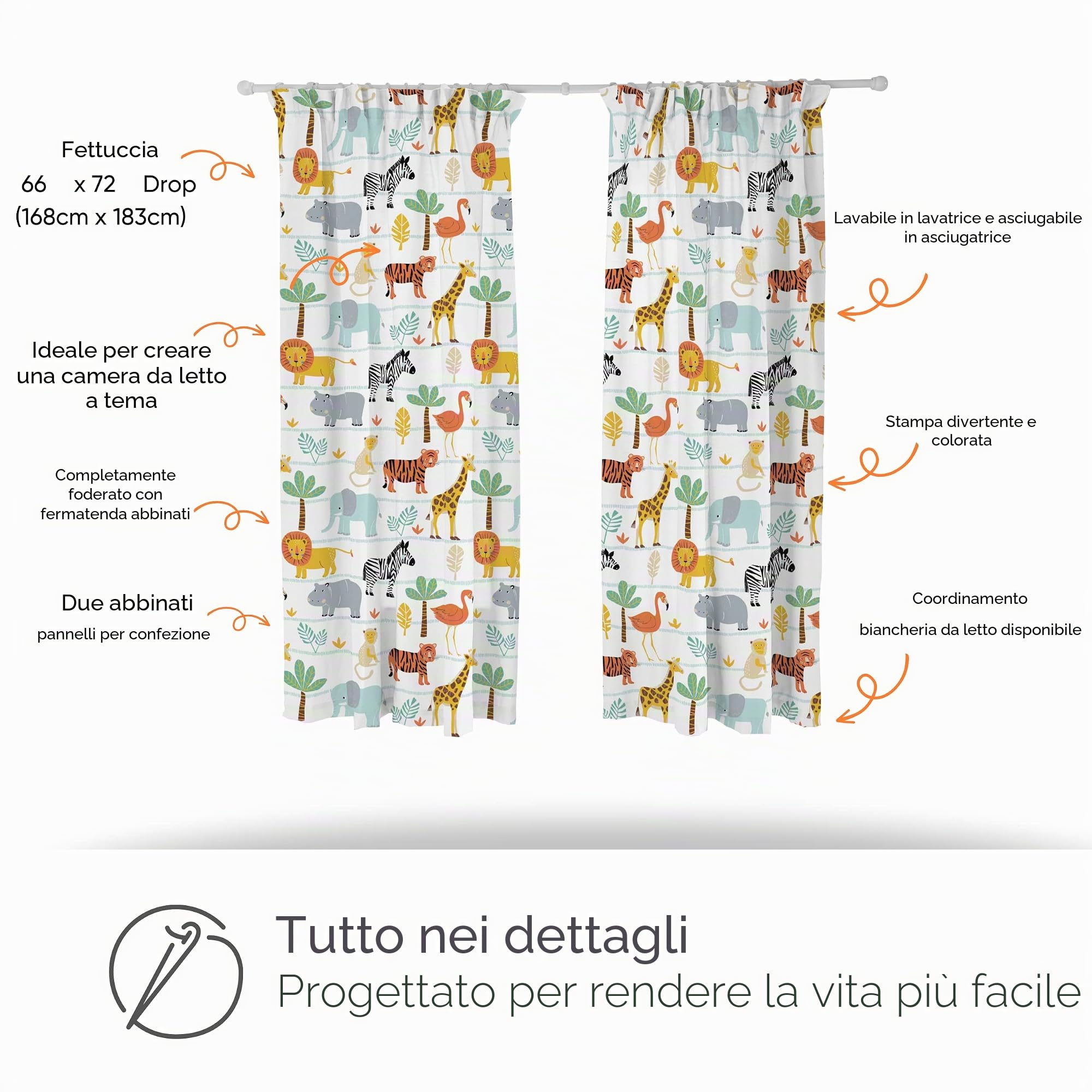 Bloomsbury Mill - Avventura Safari - Animali della Giungla - Coppia Di Tende Foderate Per Bambini Con Fermatenda - 168 cm x 183 cm