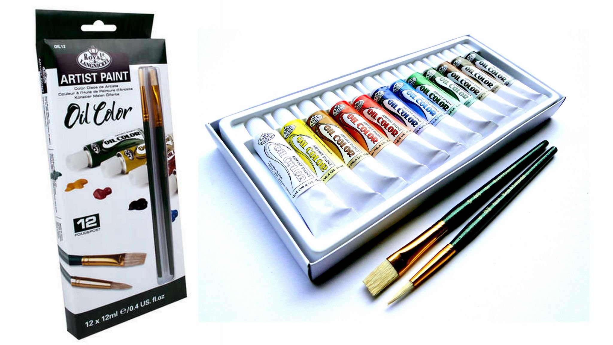 Royal & Langnickel Artist Oil Painting Set With 2 Brushes & 12 Assorted Colour Paint Tubes (12ml) Art Craft GiftOIL12