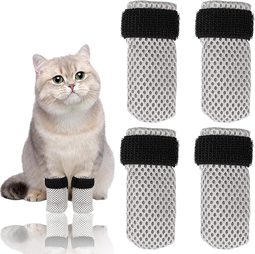 Dexspoeny 4 botas para gatos, guantes para gatos para evitar arañazos, protectores de malla ajustable para gatos, antideslizantes, transpirables,