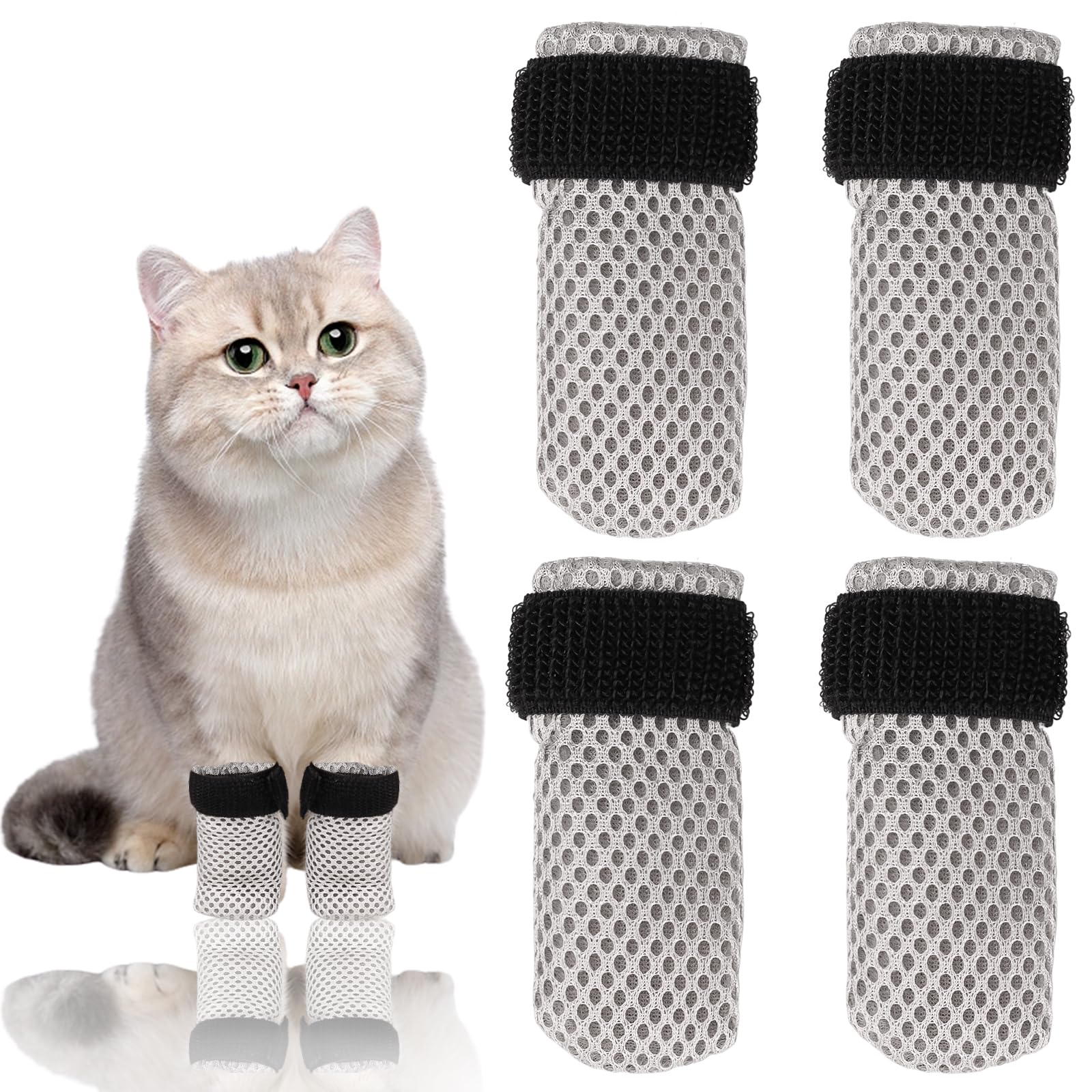 4 Pcs Cat Boots, Paw Covers Anti-Scratch Cat Foot Protectors, Adjustable Mesh Non-Slip Breathable, Suitable for Pet Bathing, Cutting Nails, Injecting (S, Gray)