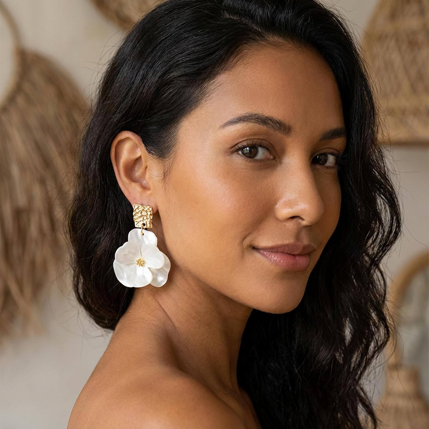 Floral Stud Earrings, Bohemian Big Flower Earring Gold Plated Dainty Flower Stud Earrings for Banquet Party, Unique Gold Fashion Jewelry Gifts for Women (Green/White/Brown) - Image 5