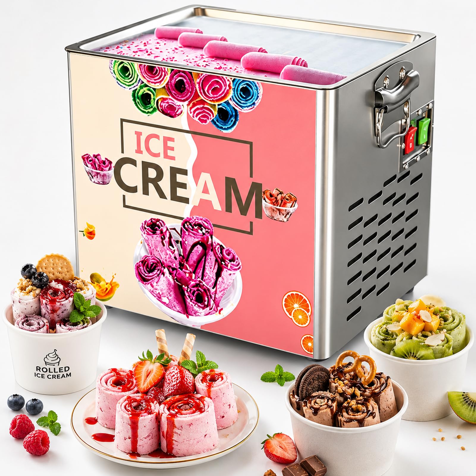 LYJIANGXIN Commercial Rolled Ice Cream Maker Machine 330W, Stainless Steel Ice Pan Single Square Pan Compressor Frozen Yogurt Stir Fried Ice Cream Machine, for Café Restaurant Use
