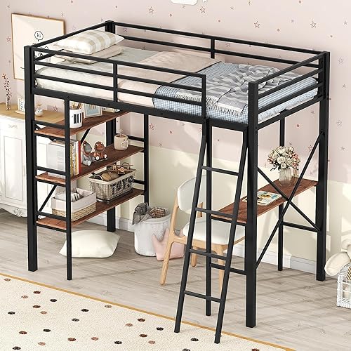 SOFTSEA Twin Metal Loft Bed with Desk and Shelves