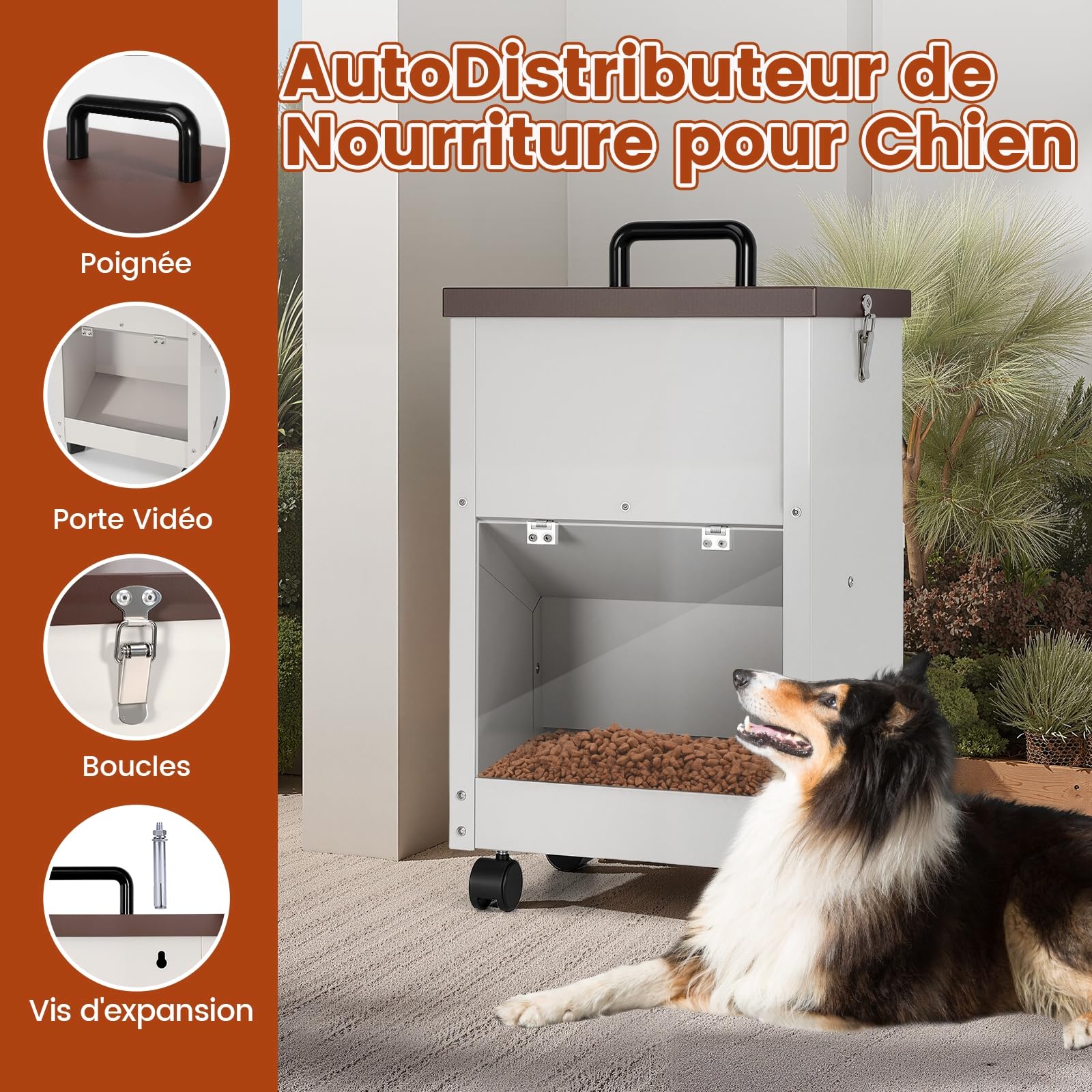 Nourriture automatique galvanisée pour chien de grande race 30 lbs Distributeur de nourriture pour chien avec roues pour grands chiens en métal Gravity Feeder extra large auto-alimentation (blanc