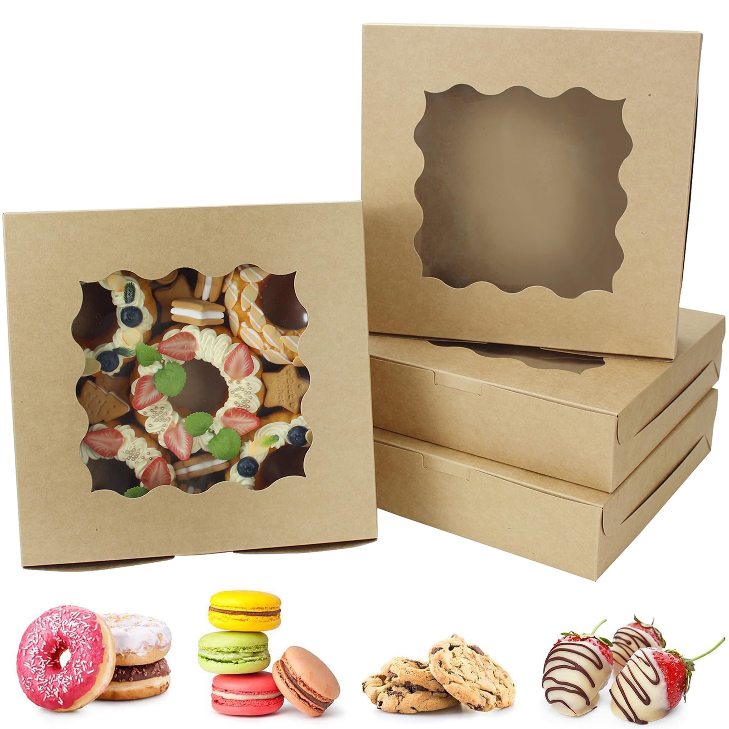 Yankmoom Brown 10Pcs Kraft Cake Boxes With Window,10X10x2.5inch Bakery Boxes Cardboard Cookie Boxes For Cakes,Strawberries,Donuts,Muffins,Macaroon