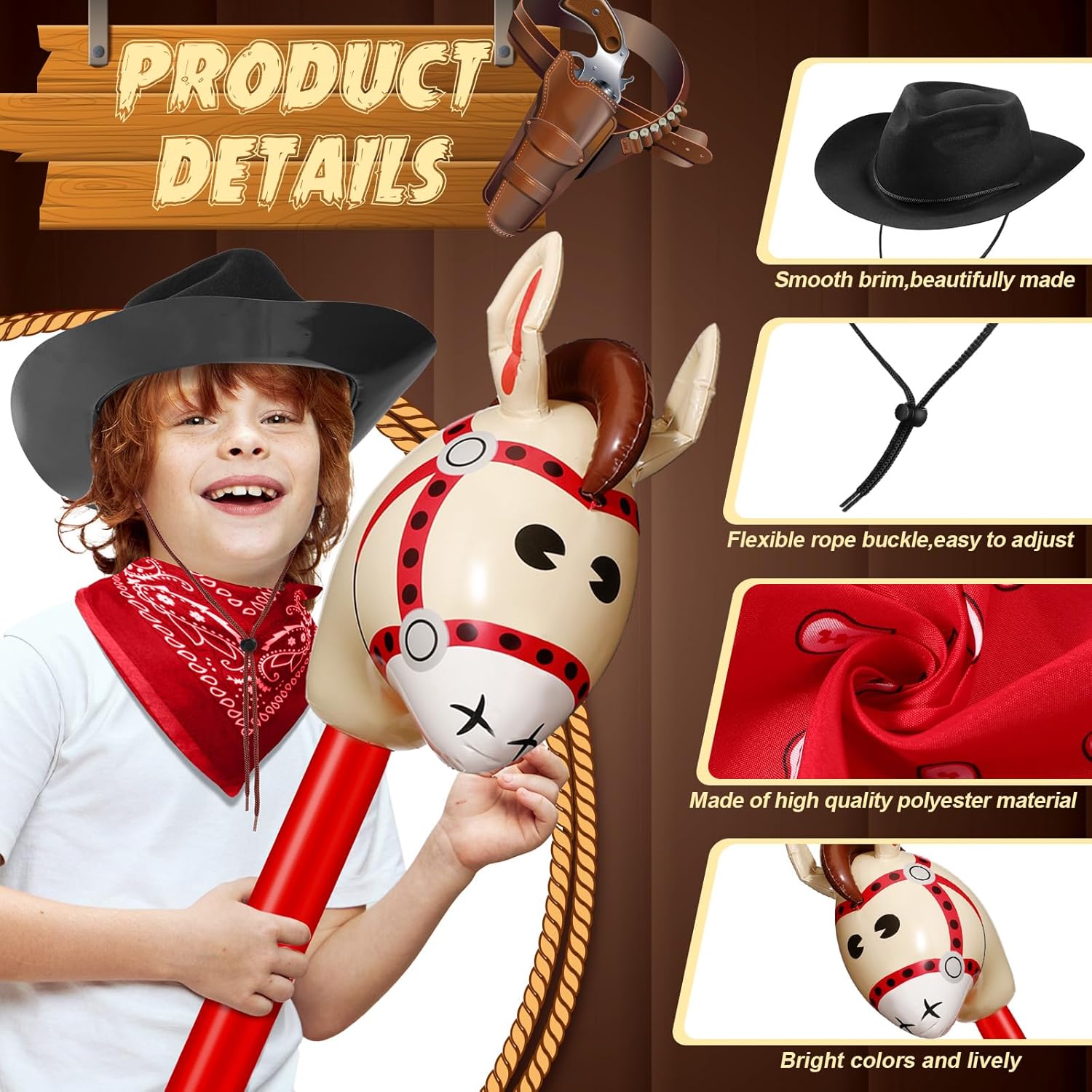 Xtinmee 36 Pcs Cowboy Party Costume Set, Cowboy Hats Paisley Bandanas Inflatable Stick Horses Kids Party Supplies - Image 3