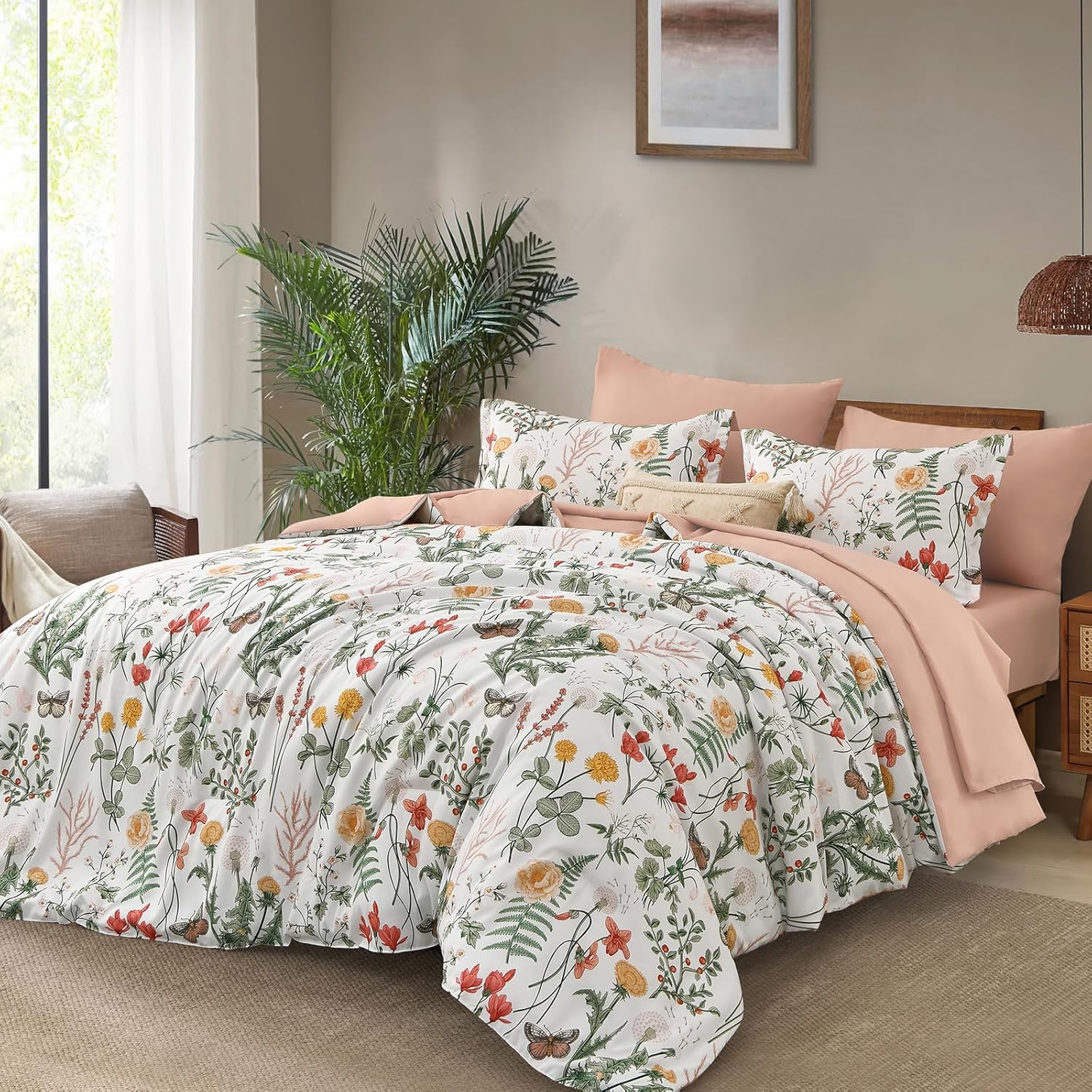 Yiran 7 Piece Floral Comforter Set King Size, Pink Green Summer Comforter Bedding Set, Botanical Bed in a Bag with Flowers Pattern, Soft Microfiber Complete Bedding Set with Sheets for All Season - Image 2