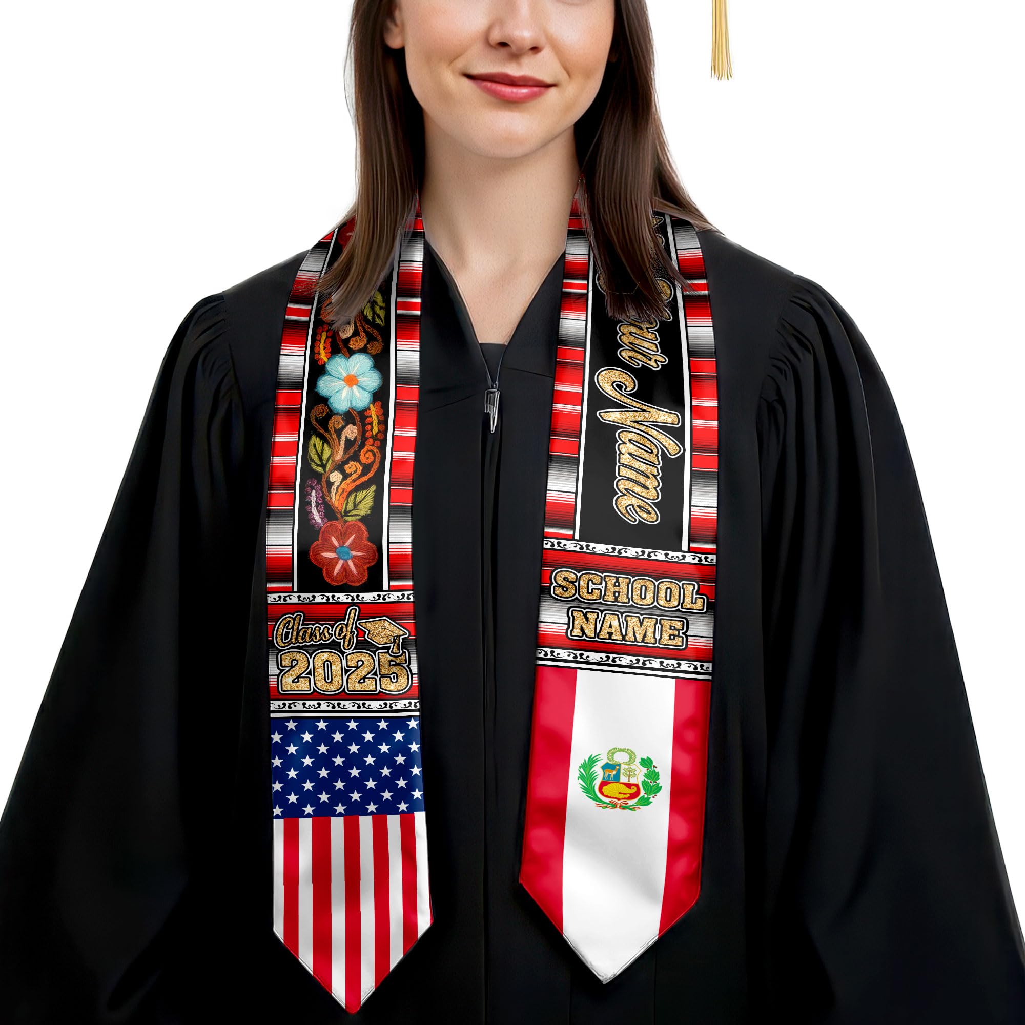 MonkeyVan Personalized Peruvian Graduation Sash, Custom Peruvians American Flag Graduation Stole 2025, Peru Graduation Stole S375